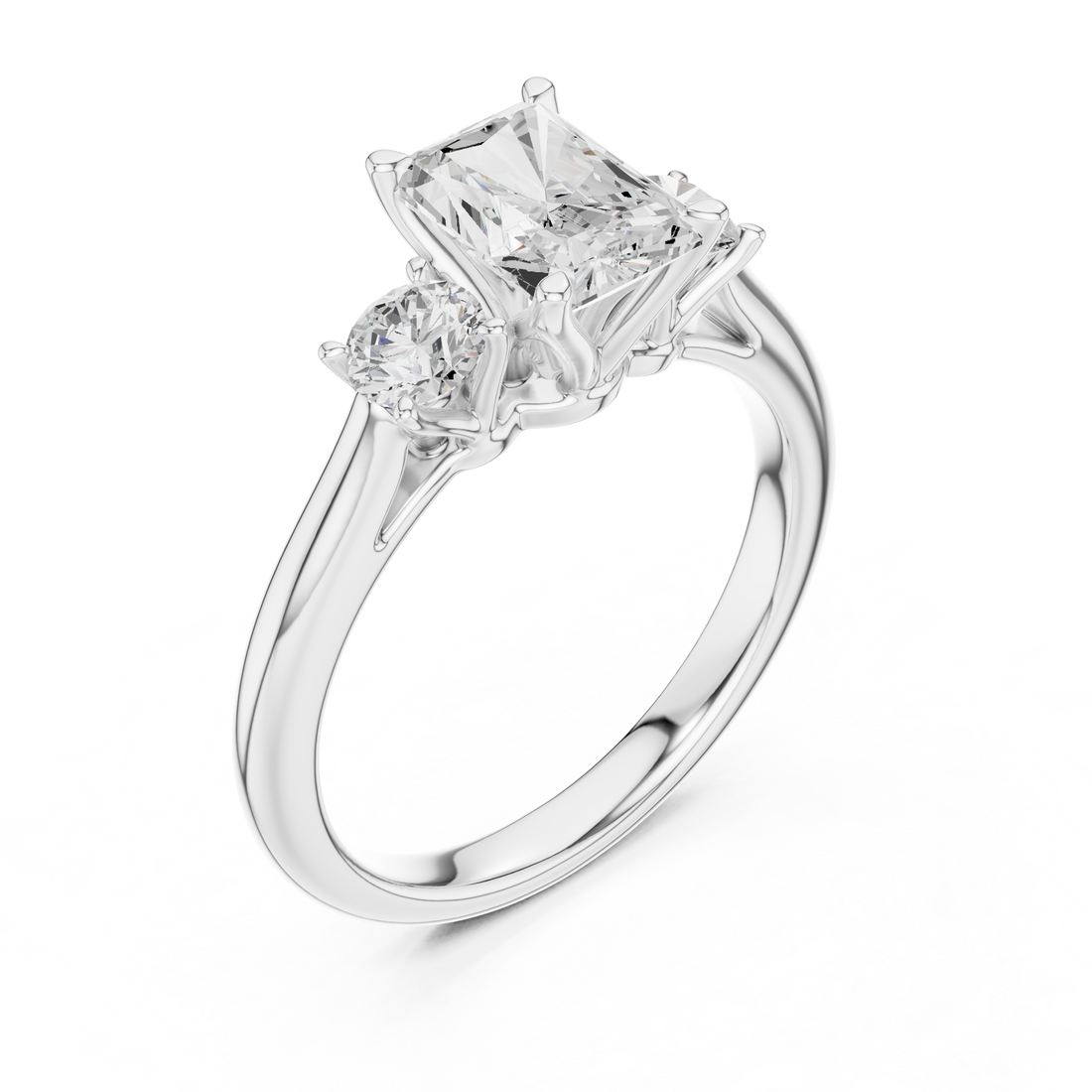 Luxury Radiant Cut Diamond Ring with Round Side Stones – Timeless Three Stone Engagement Ring