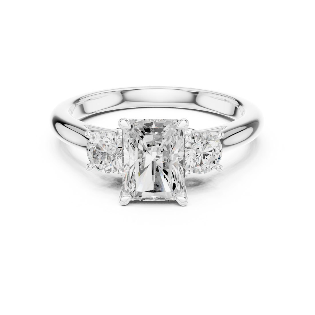 Luxury Radiant Cut Diamond Ring with Round Side Stones – Timeless Three Stone Engagement Ring