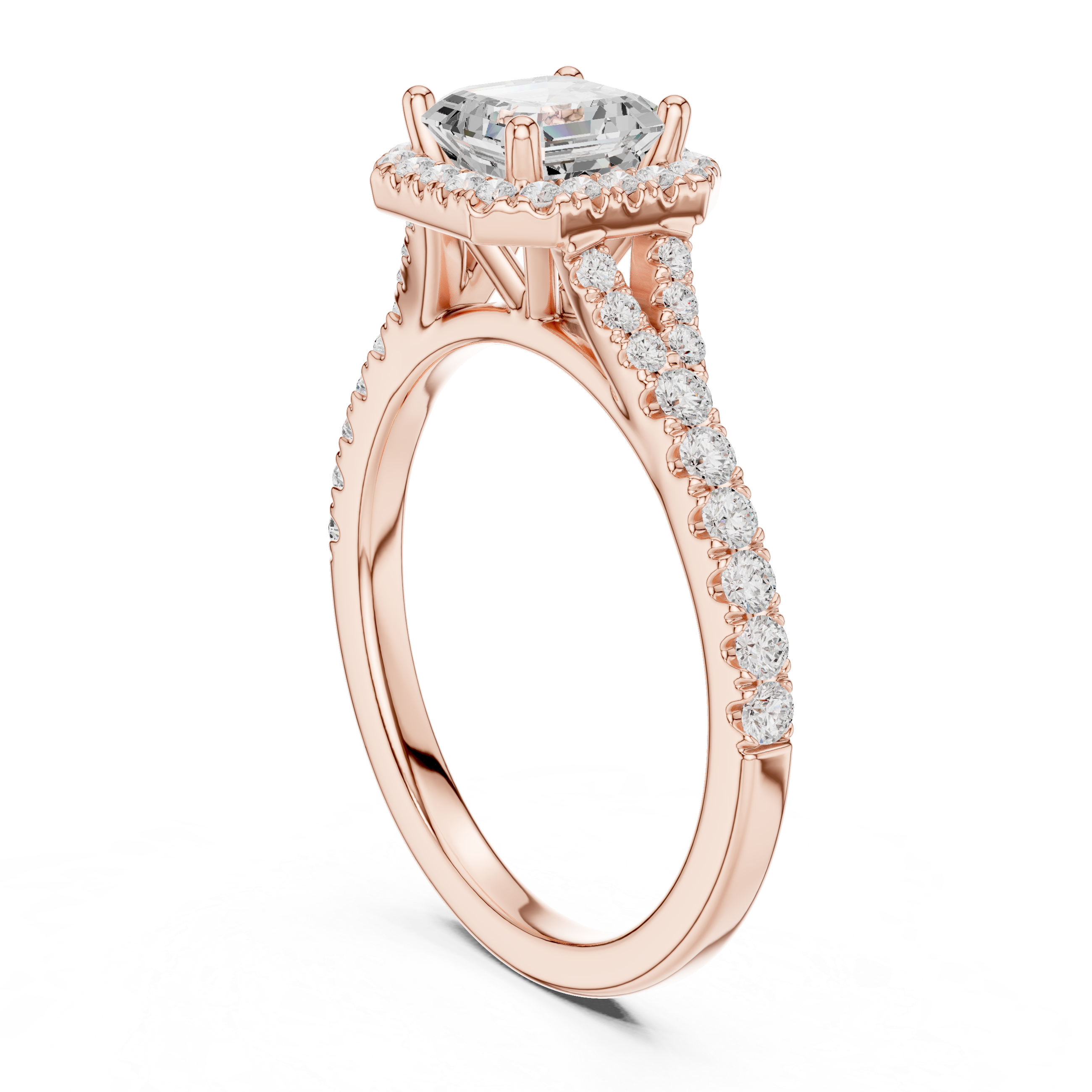 Classic Asscher Halo Diamond Ring with Diamond Accent Band