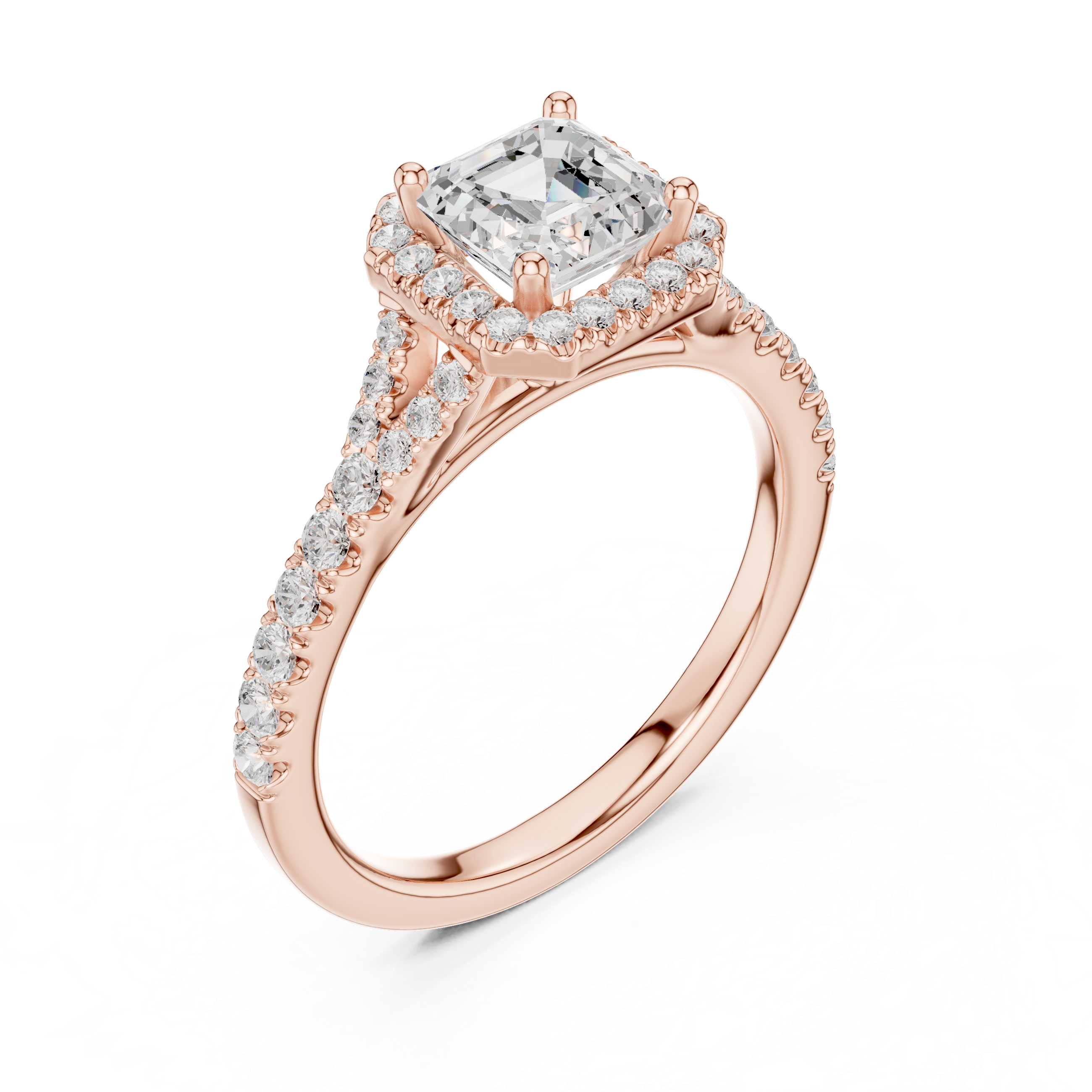 Classic Asscher Halo Diamond Ring with Diamond Accent Band