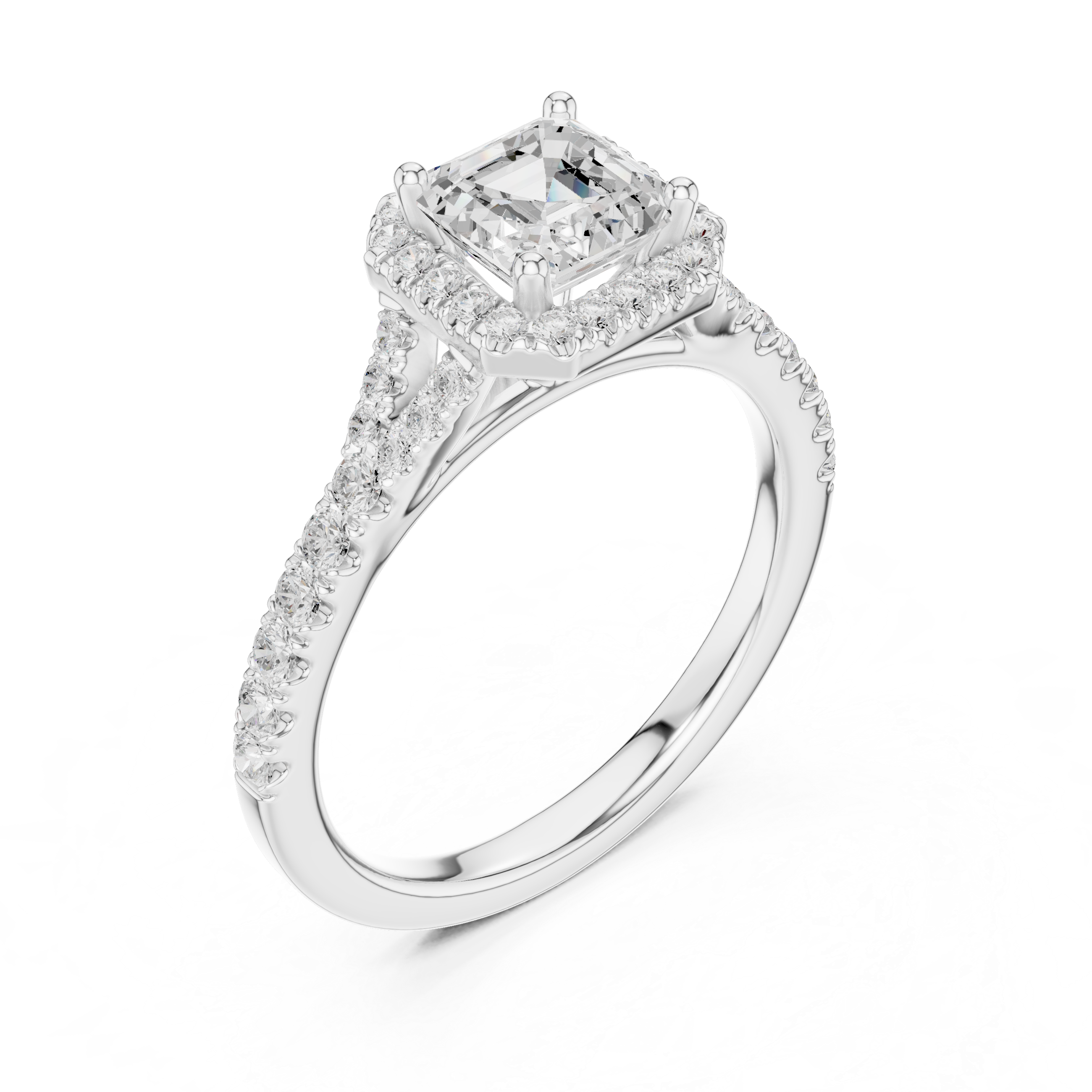 Classic Asscher Halo Diamond Ring with Diamond Accent Band
