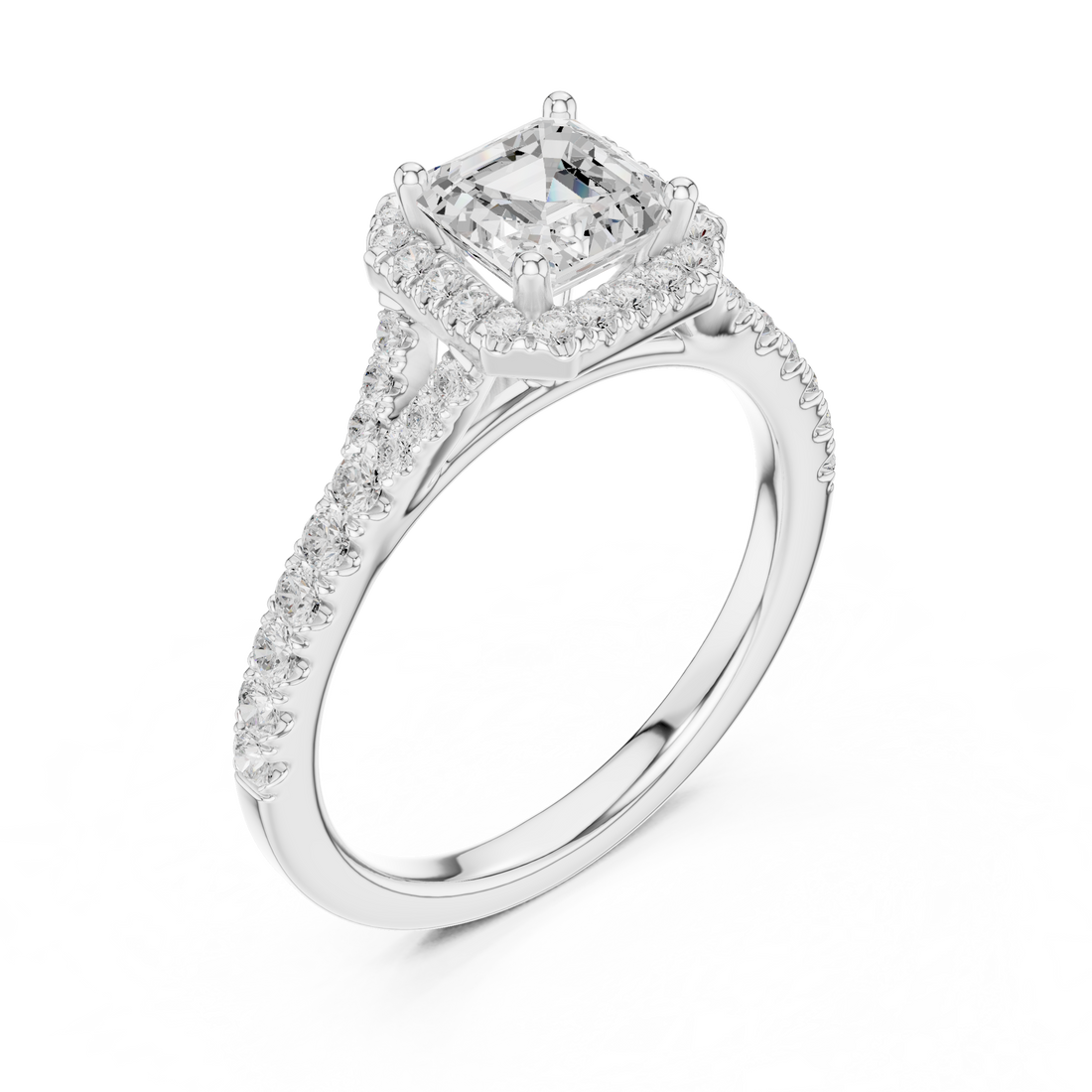 Classic Asscher Halo Diamond Ring with Diamond Accent Band
