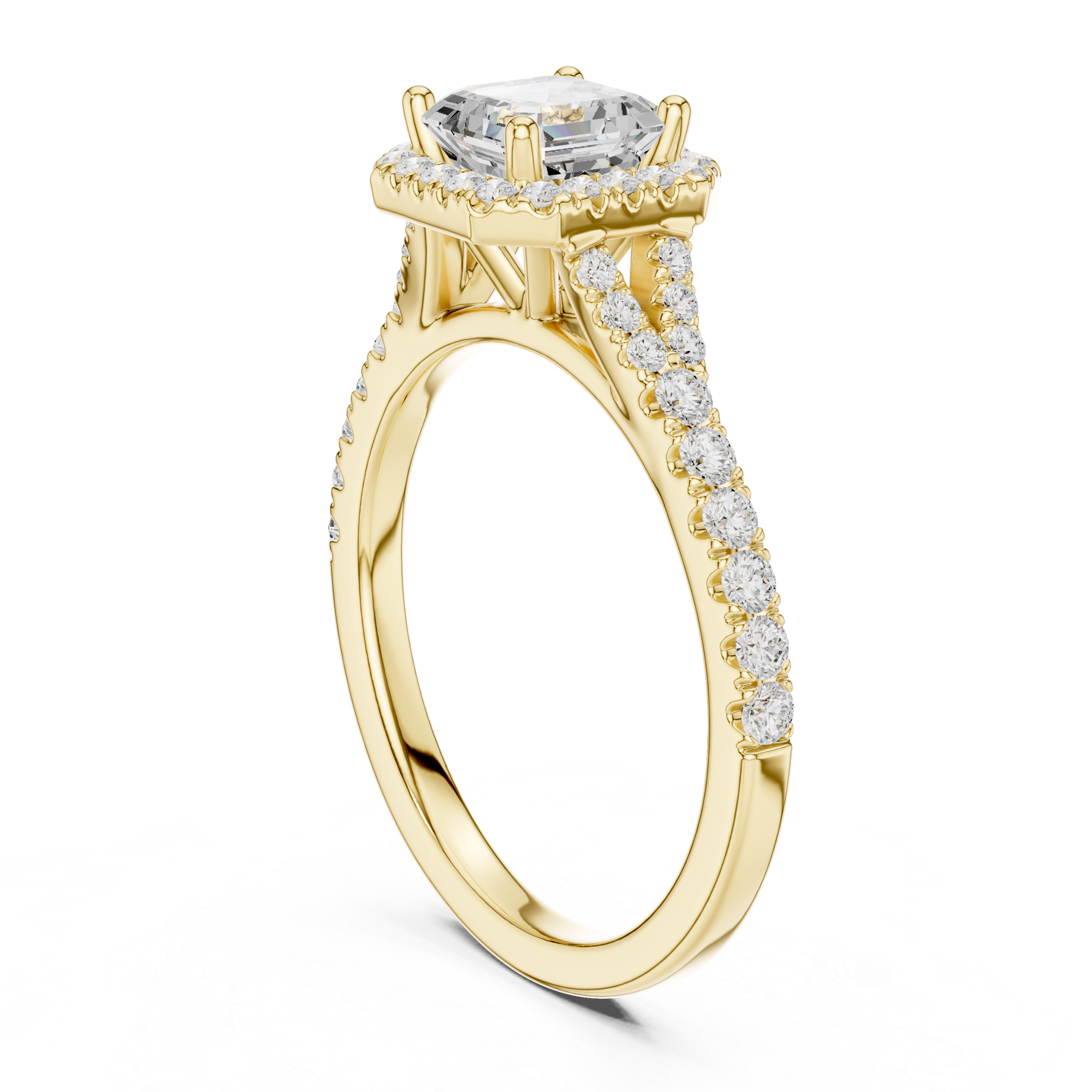Classic Asscher Halo Diamond Ring with Diamond Accent Band
