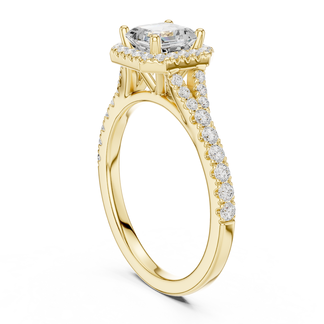 Classic Asscher Halo Diamond Ring with Diamond Accent Band