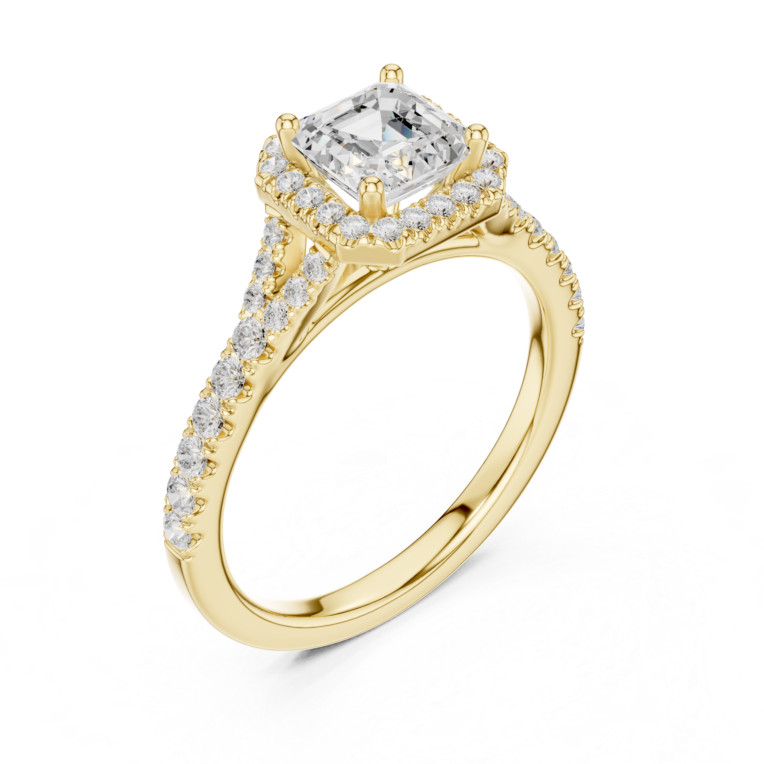 Classic Asscher Halo Diamond Ring with Diamond Accent Band
