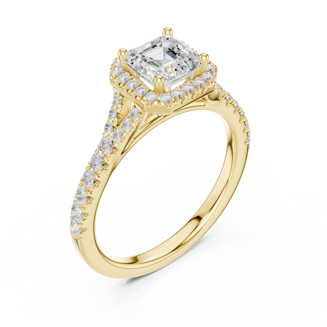 Classic Asscher Halo Diamond Ring with Diamond Accent Band