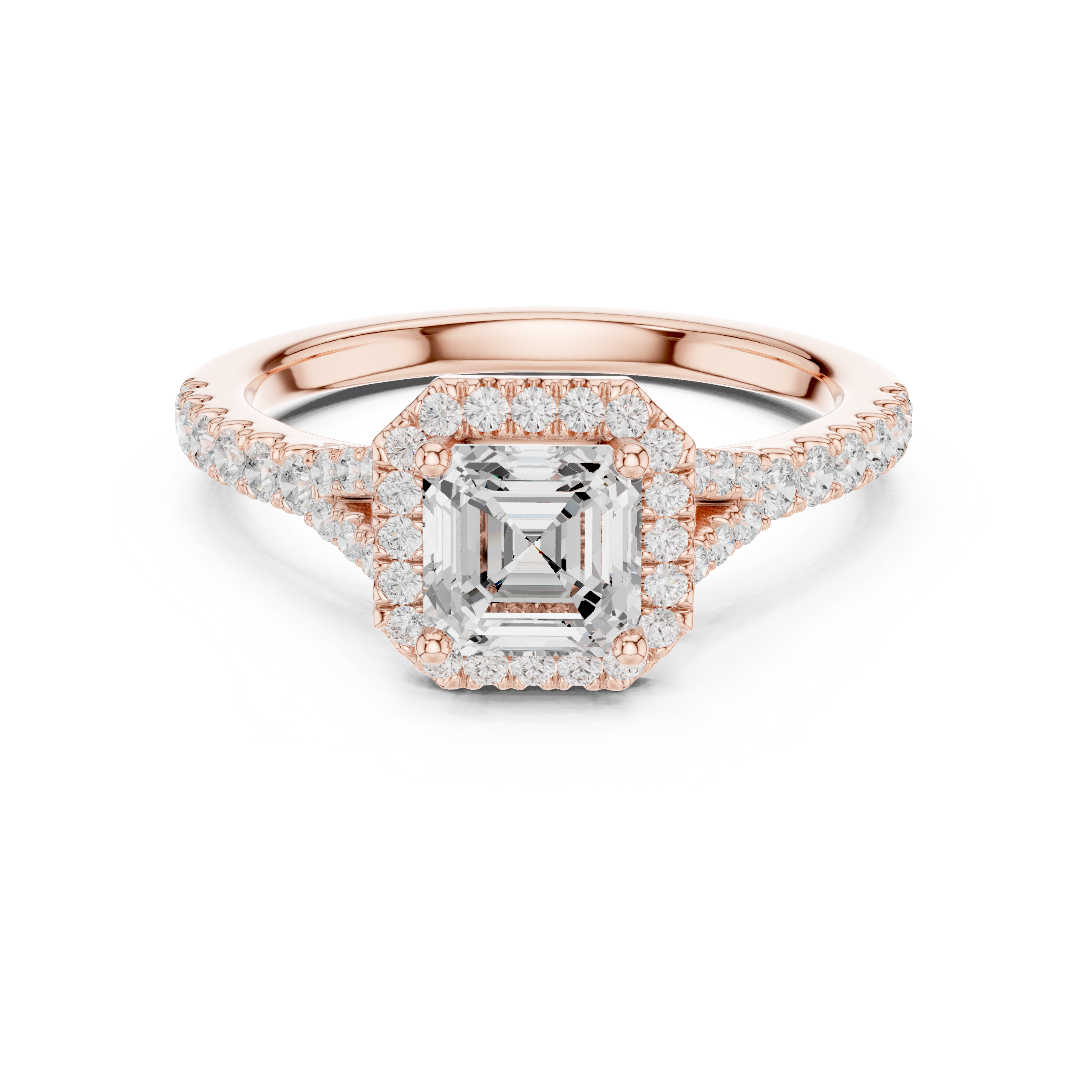 Classic Asscher Halo Diamond Ring with Diamond Accent Band