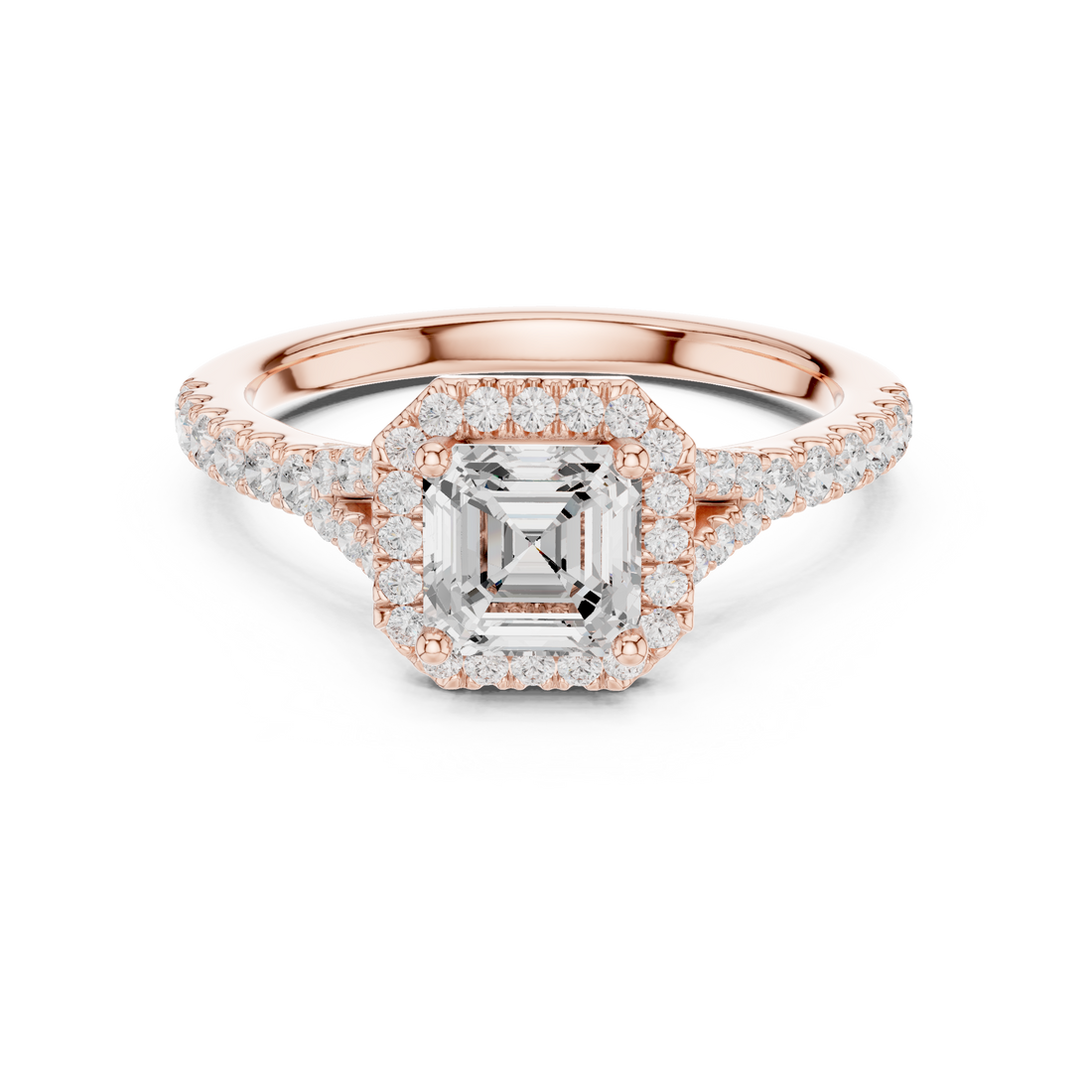 Classic Asscher Halo Diamond Ring with Diamond Accent Band