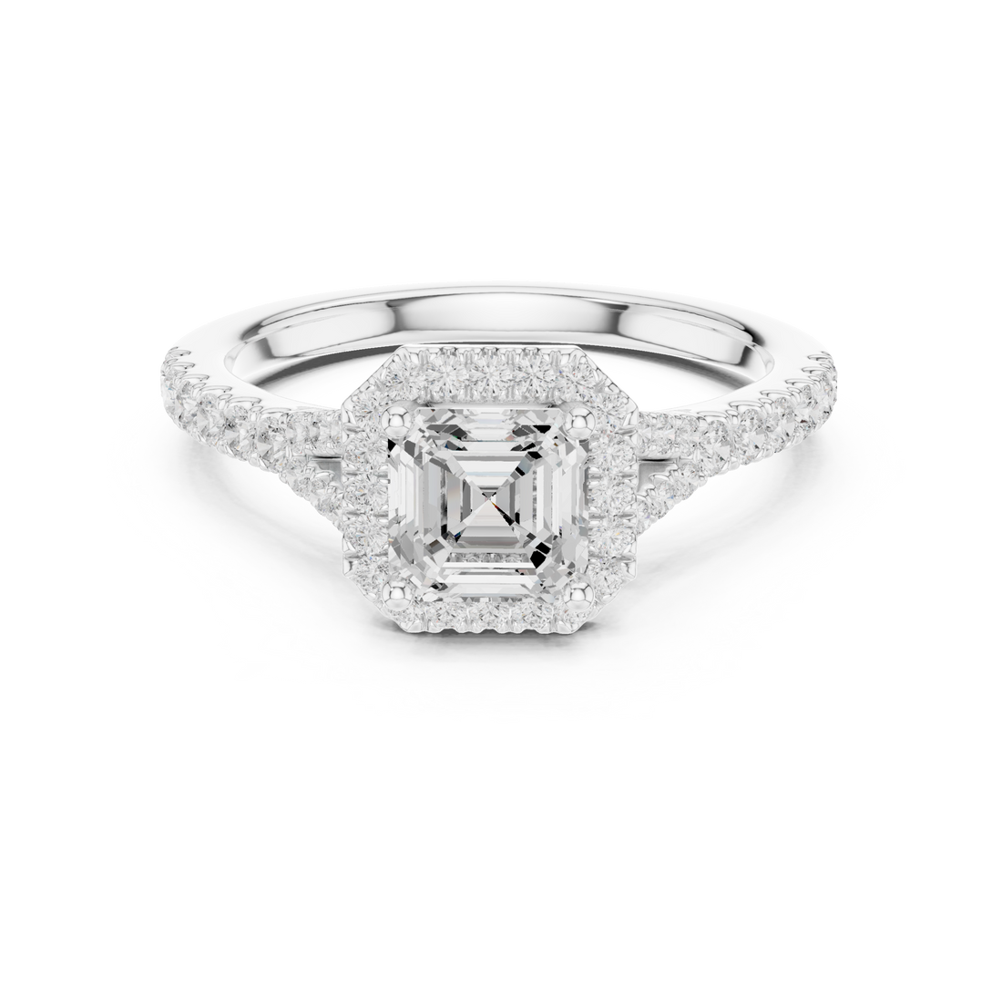 Classic Asscher Halo Diamond Ring with Diamond Accent Band