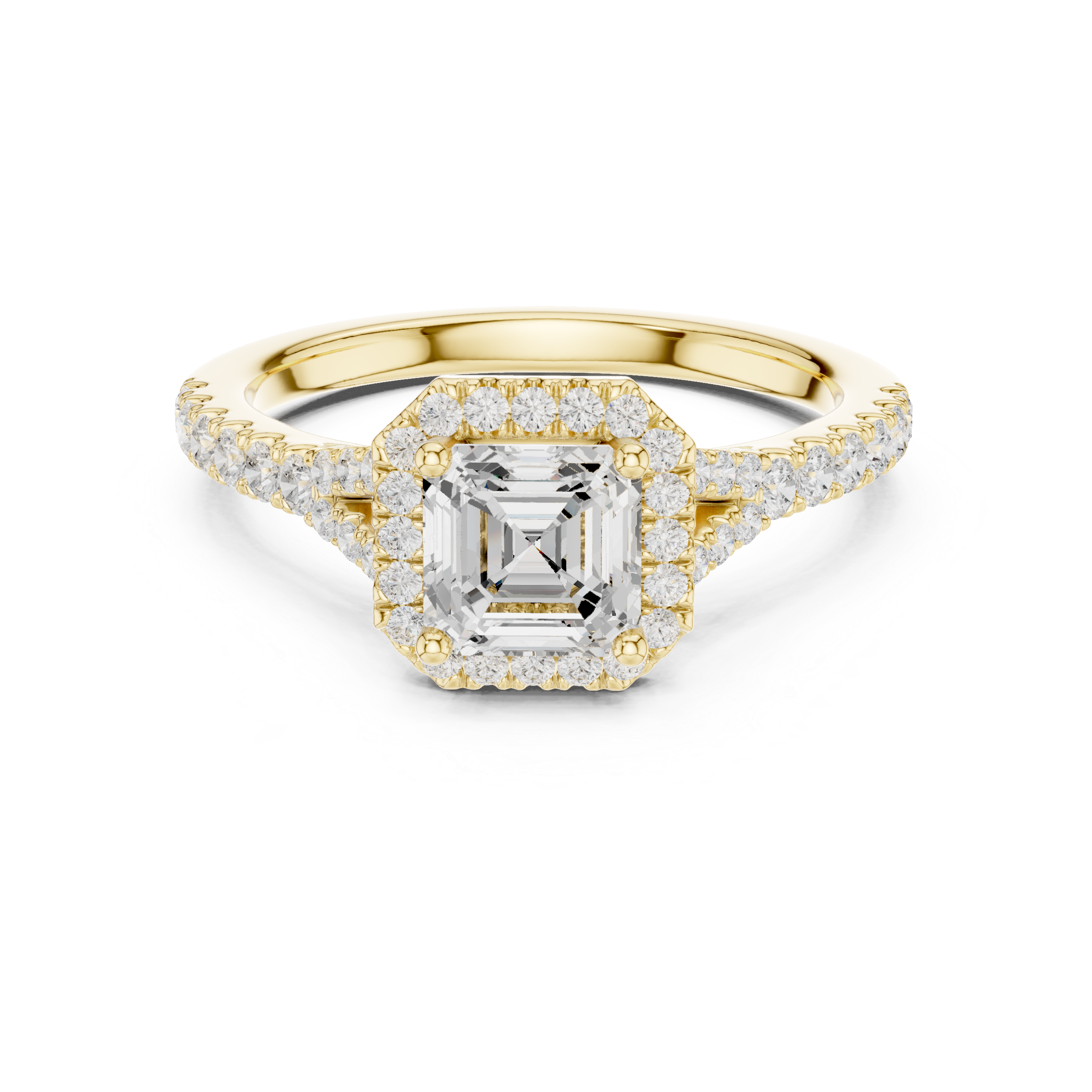 Classic Asscher Halo Diamond Ring with Diamond Accent Band