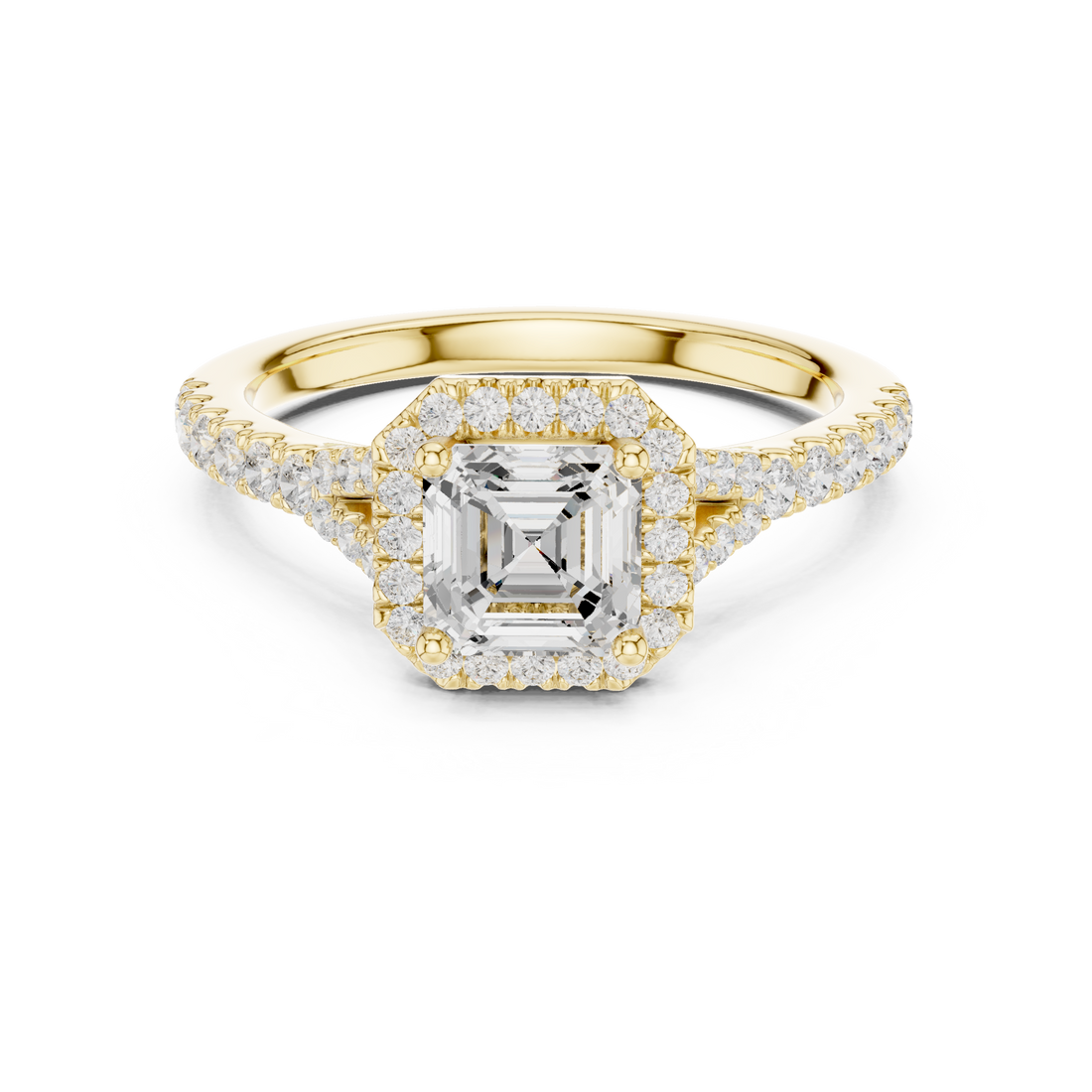 Classic Asscher Halo Diamond Ring with Diamond Accent Band