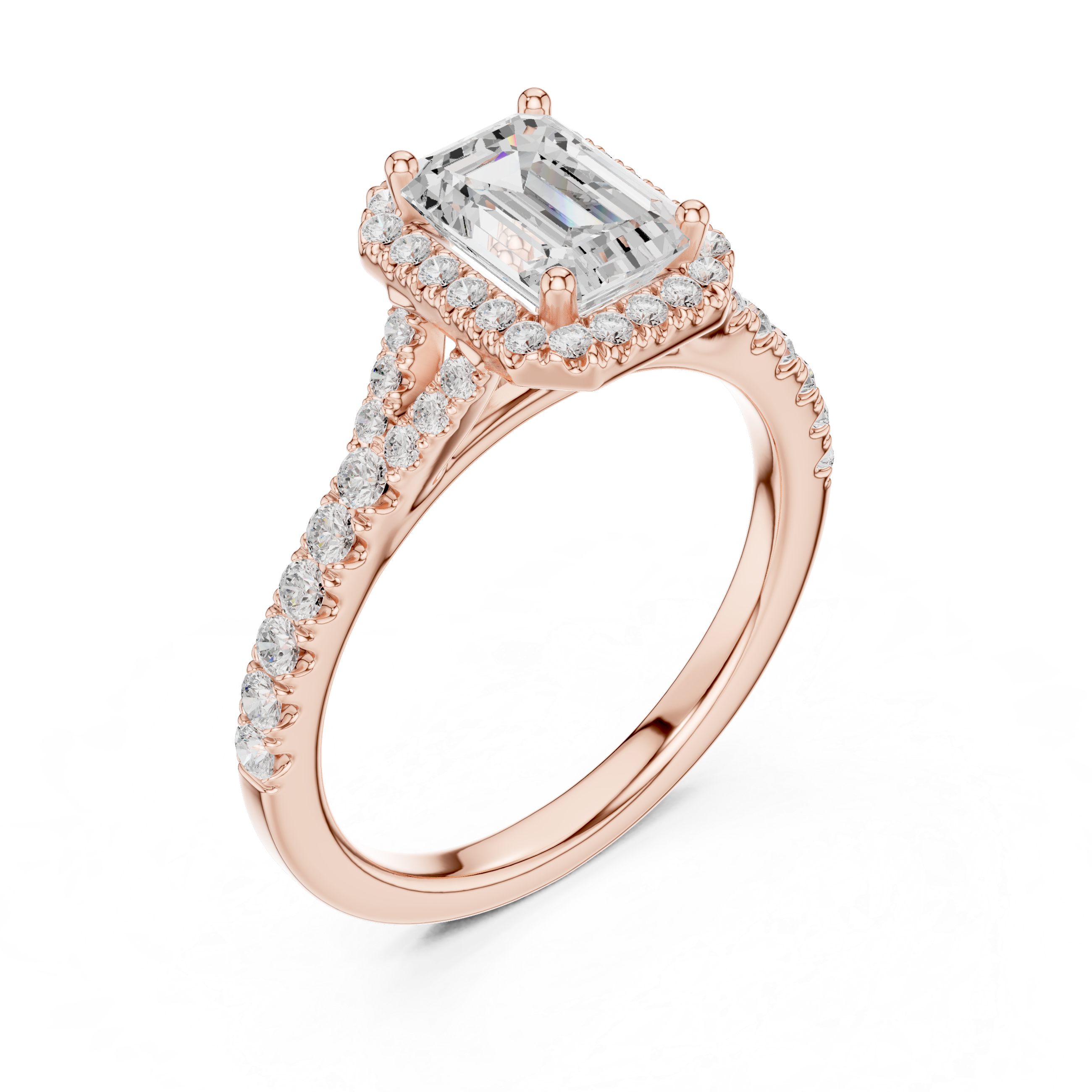 Sophisticated Emerald Cut Halo Ring with Elegant Pavé Shank