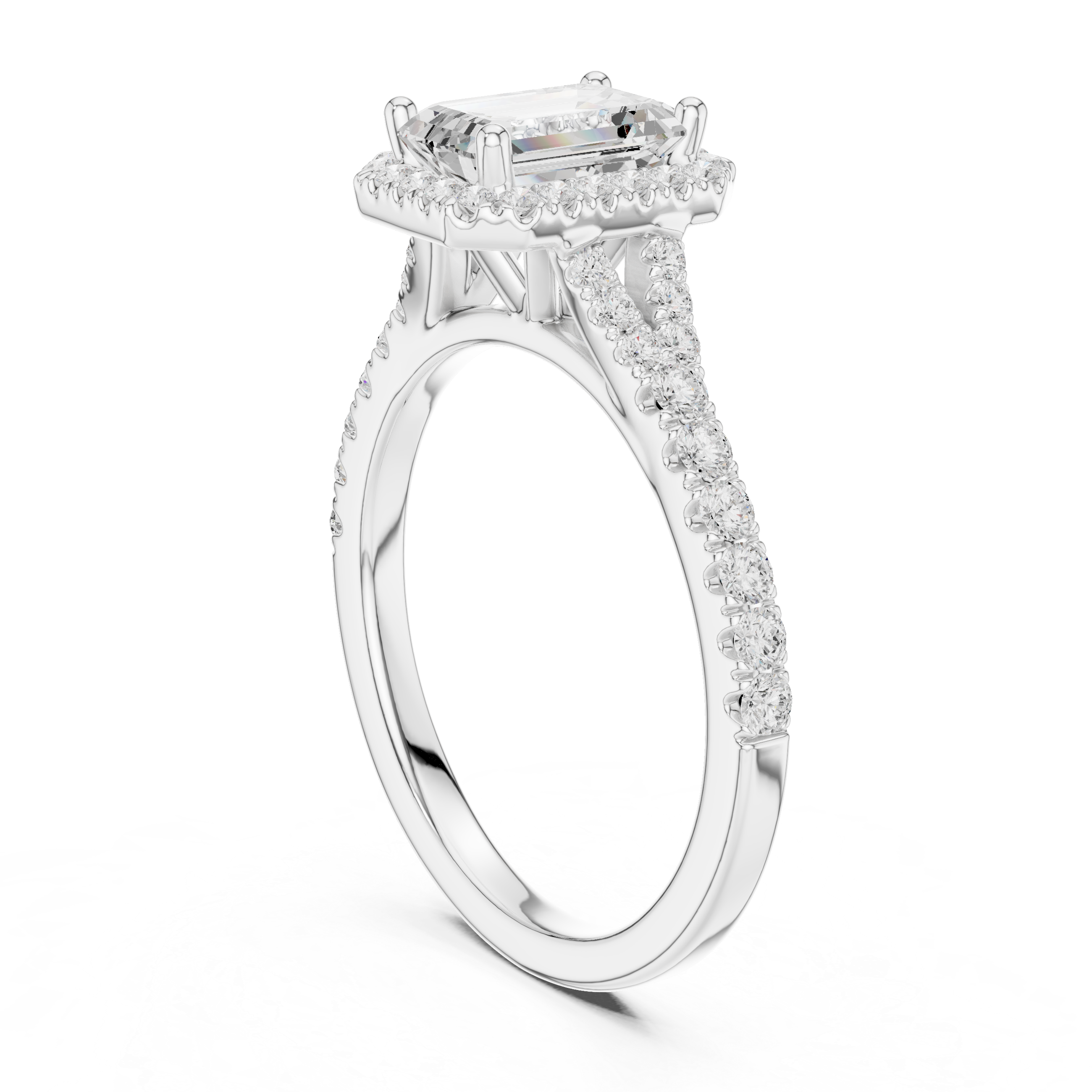 Sophisticated Emerald Cut Halo Ring with Elegant Pavé Shank