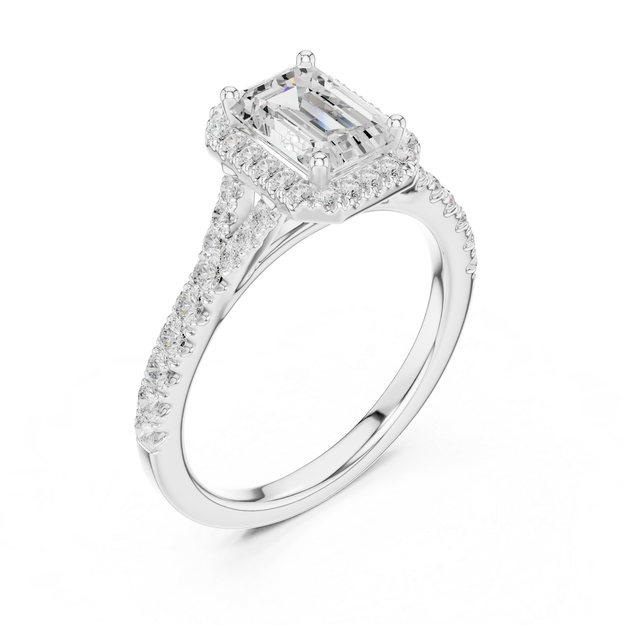 Sophisticated Emerald Cut Halo Ring with Elegant Pavé Shank