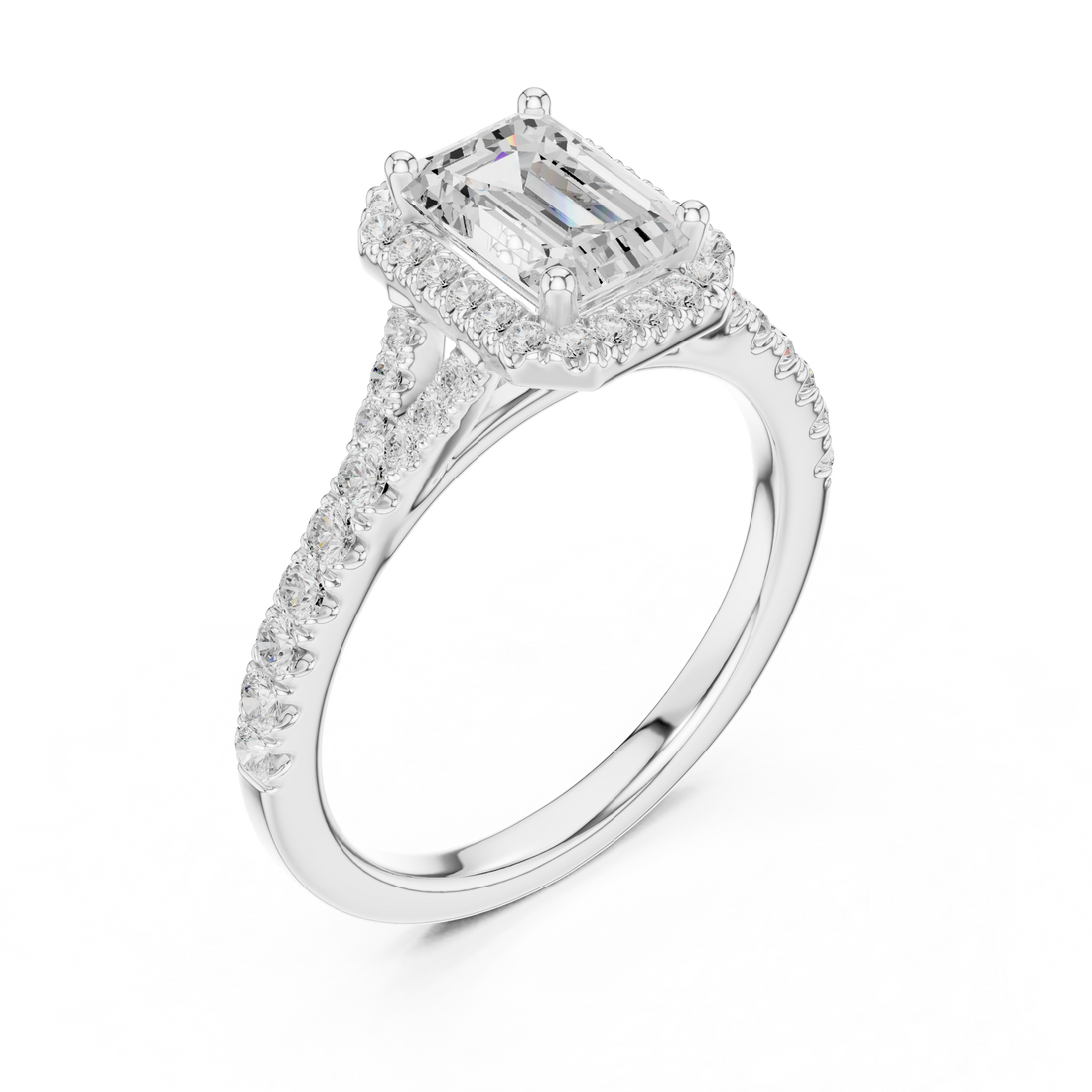 Sophisticated Emerald Cut Halo Ring with Elegant Pavé Shank