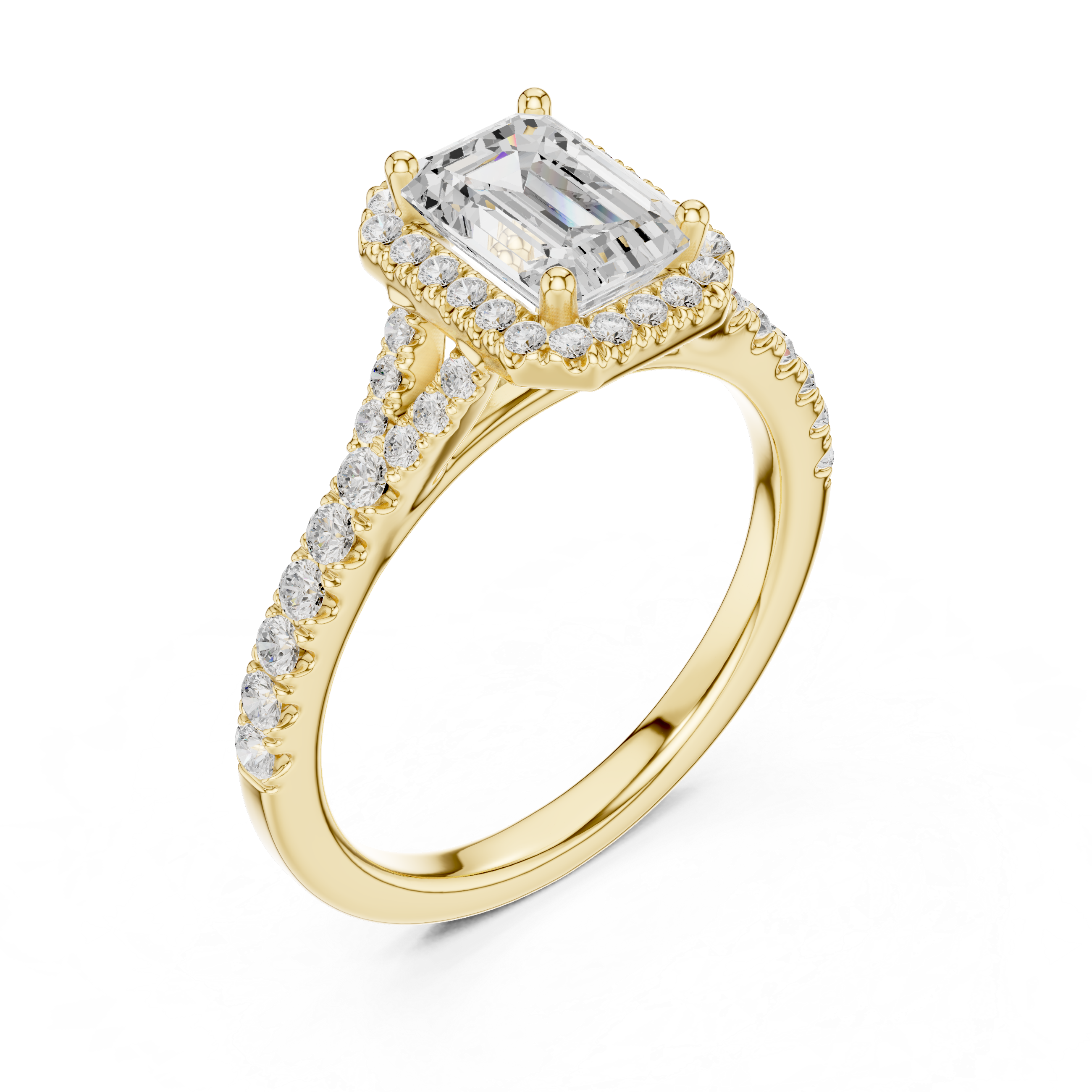 Sophisticated Emerald Cut Halo Ring with Elegant Pavé Shank
