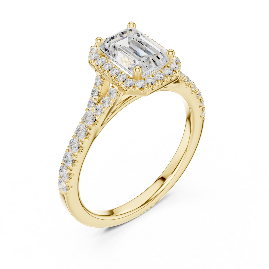 Sophisticated Emerald Cut Halo Ring with Elegant Pavé Shank
