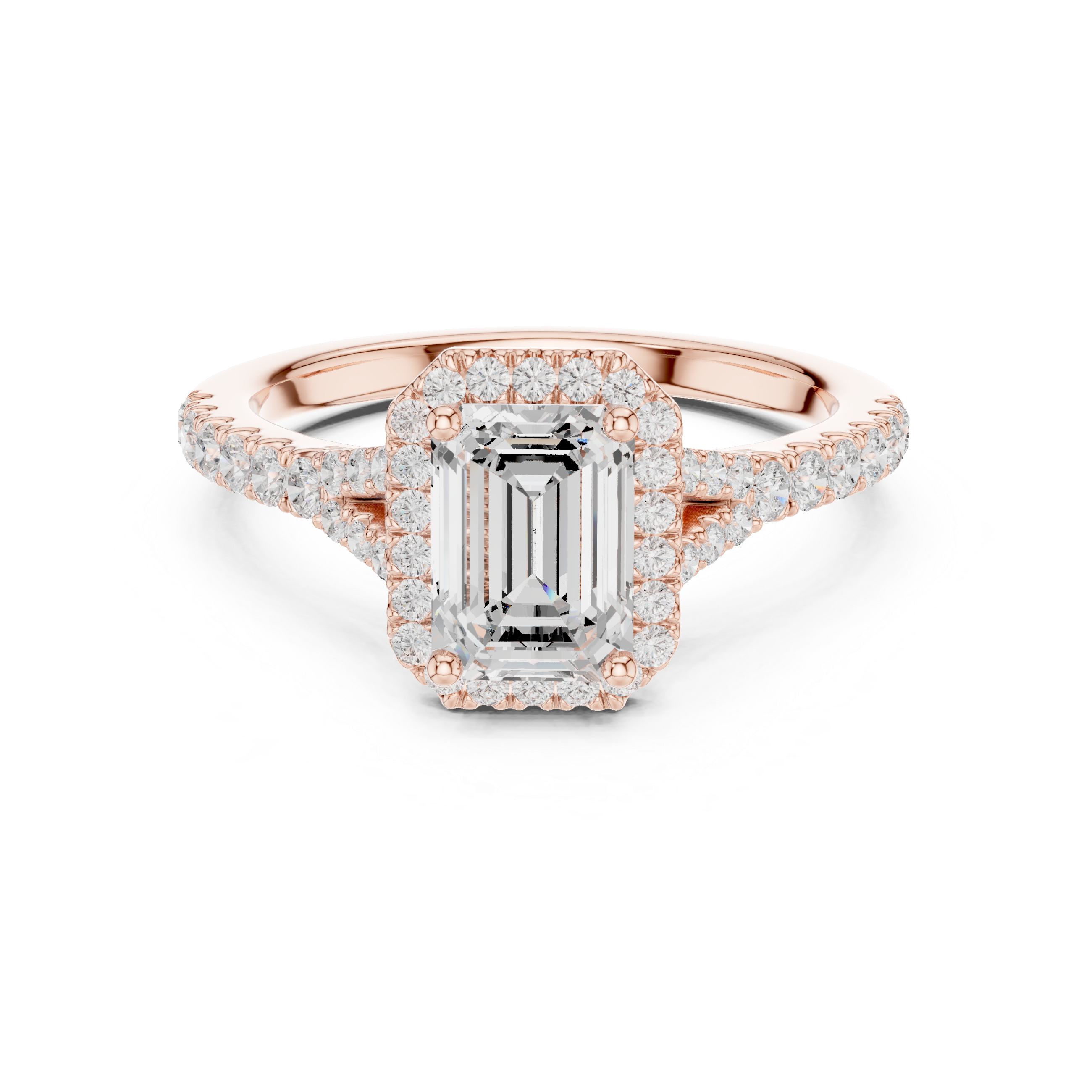 Sophisticated Emerald Cut Halo Ring with Elegant Pavé Shank