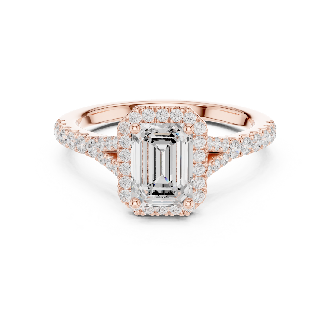 Sophisticated Emerald Cut Halo Ring with Elegant Pavé Shank