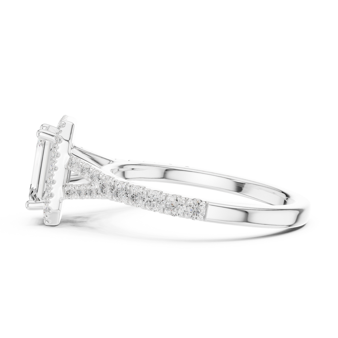 Sophisticated Emerald Cut Halo Ring with Elegant Pavé Shank