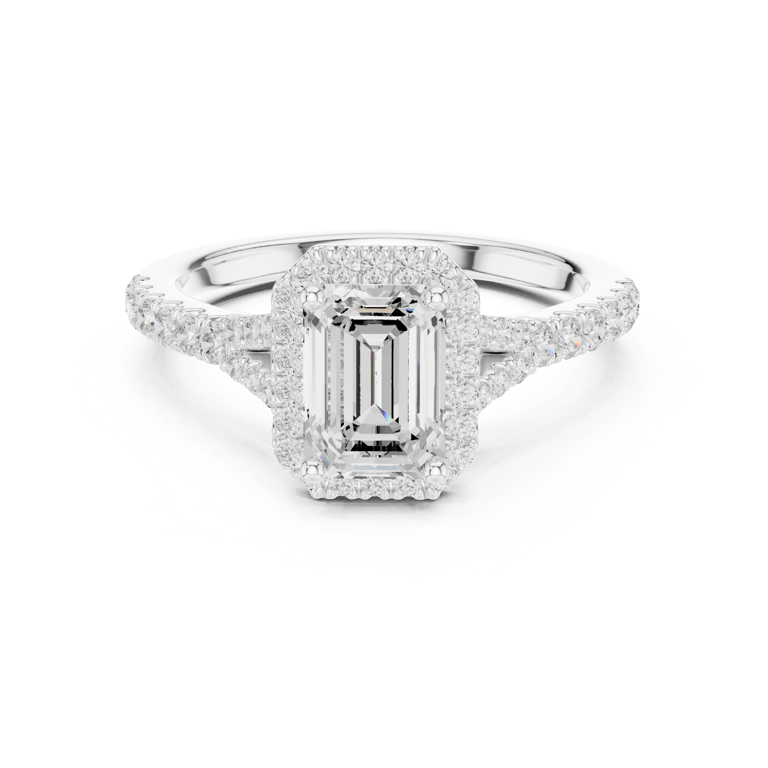 Sophisticated Emerald Cut Halo Ring with Elegant Pavé Shank