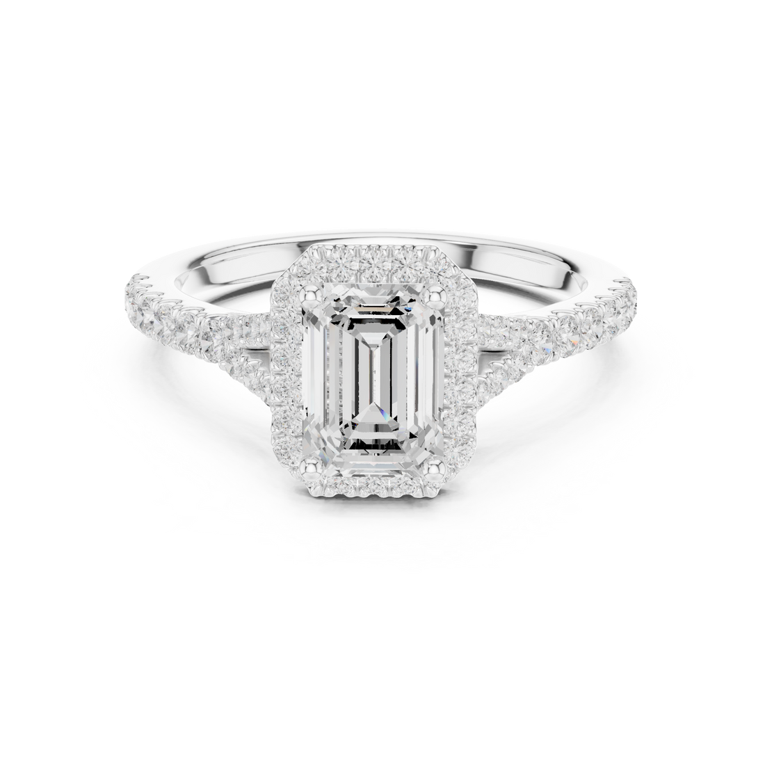 Sophisticated Emerald Cut Halo Ring with Elegant Pavé Shank