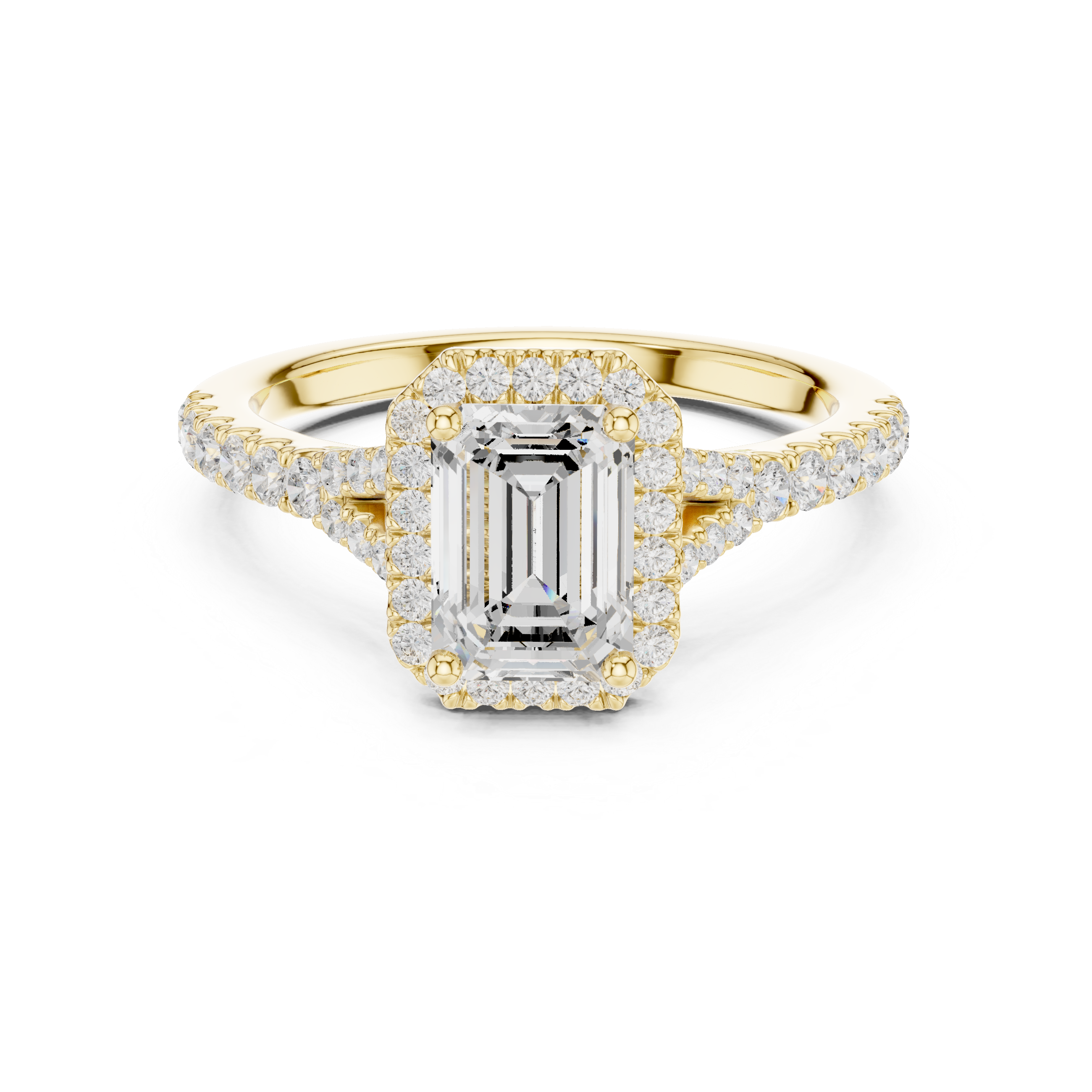Sophisticated Emerald Cut Halo Ring with Elegant Pavé Shank