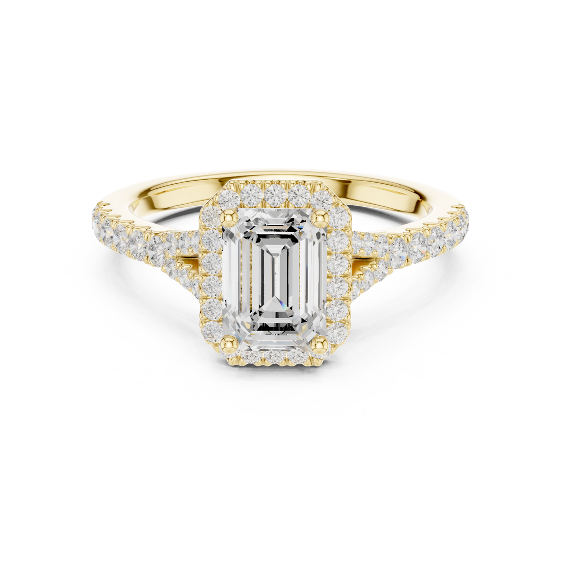 Sophisticated Emerald Cut Halo Ring with Elegant Pavé Shank