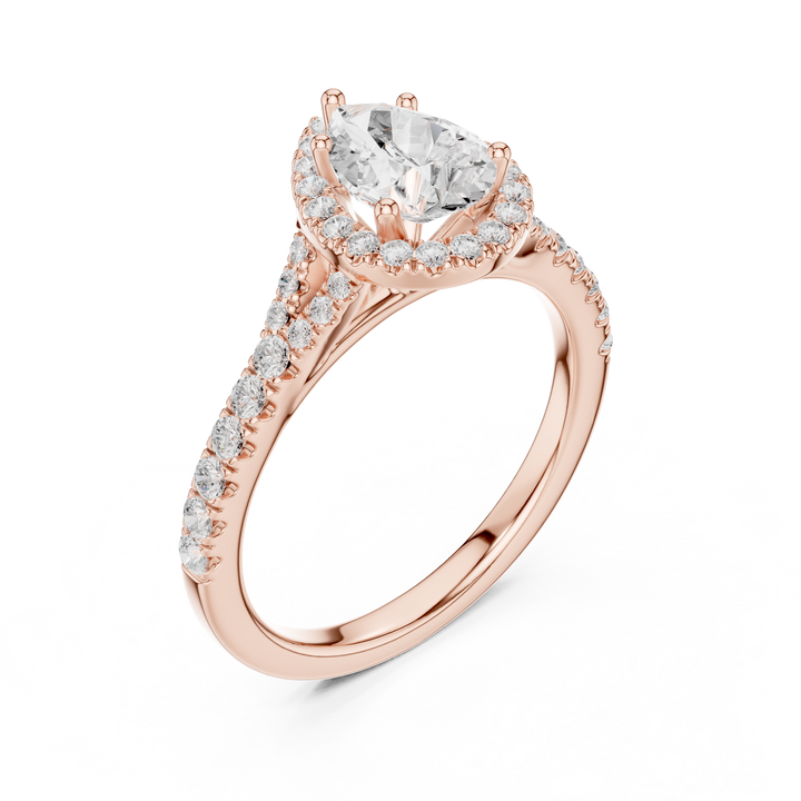 Pear Cut Engagement Ring with Halo, Diamond Accent Band Ring, White Gold Wedding Ring, Elegant Gift