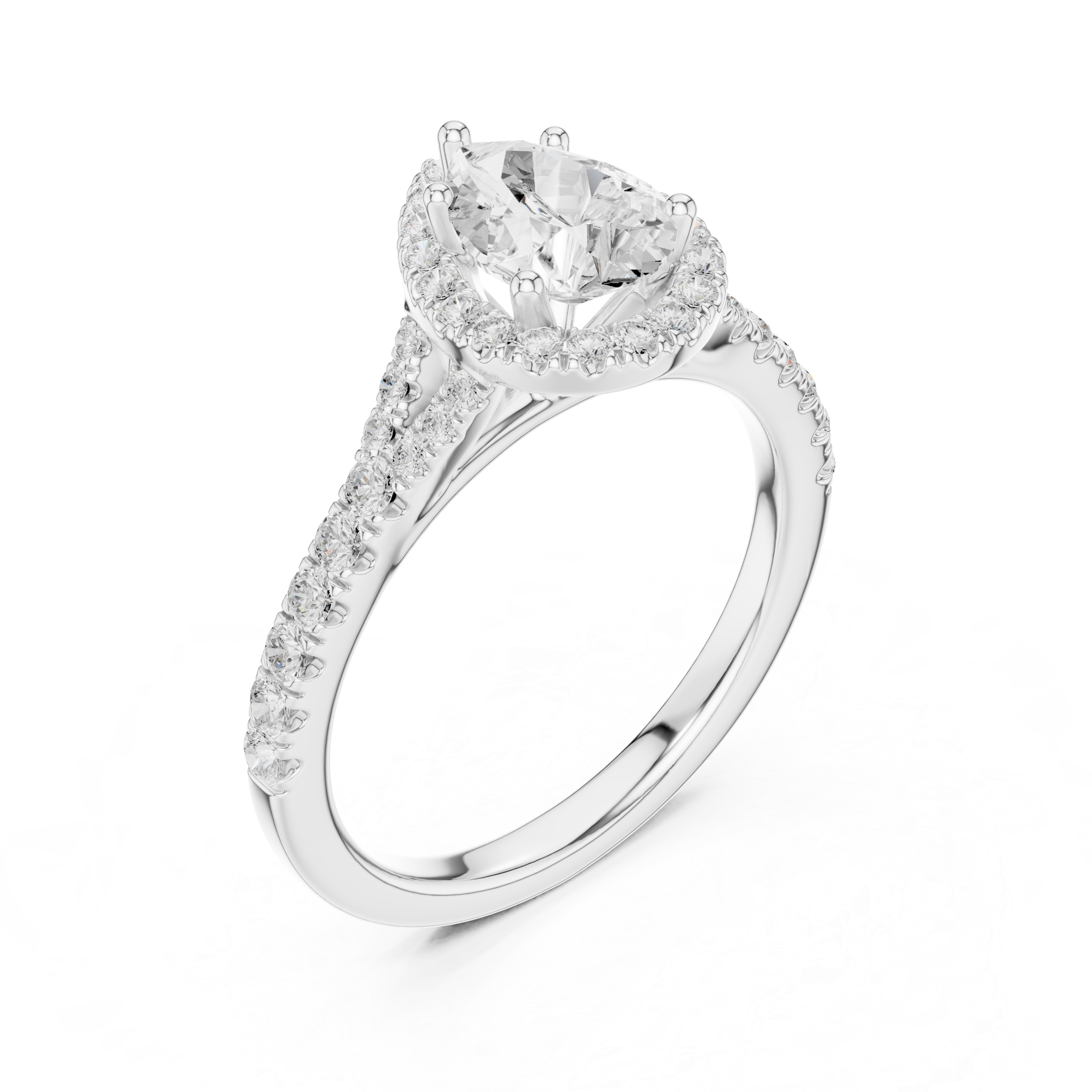 Pear Cut Engagement Ring with Halo, Diamond Accent Band Ring, White Gold Wedding Ring, Elegant Gift