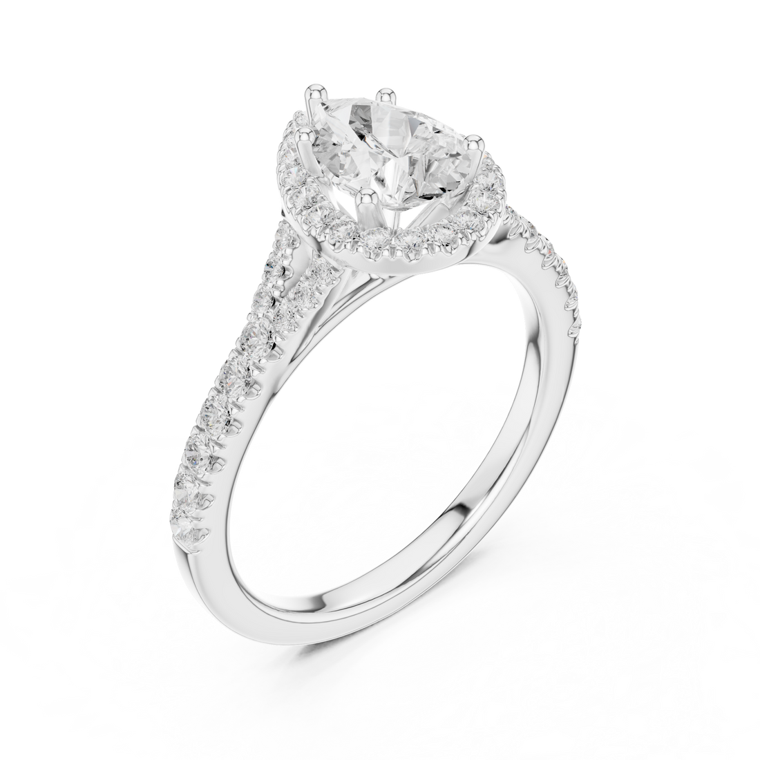 Pear Cut Engagement Ring with Halo, Diamond Accent Band Ring, White Gold Wedding Ring, Elegant Gift