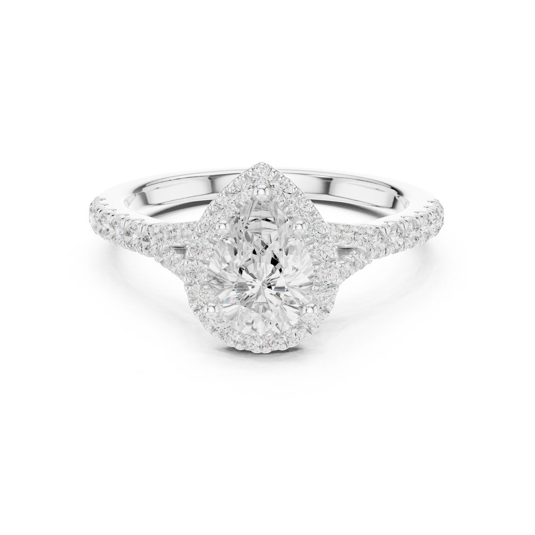 Pear Cut Engagement Ring with Halo, Diamond Accent Band Ring, White Gold Wedding Ring, Elegant Gift
