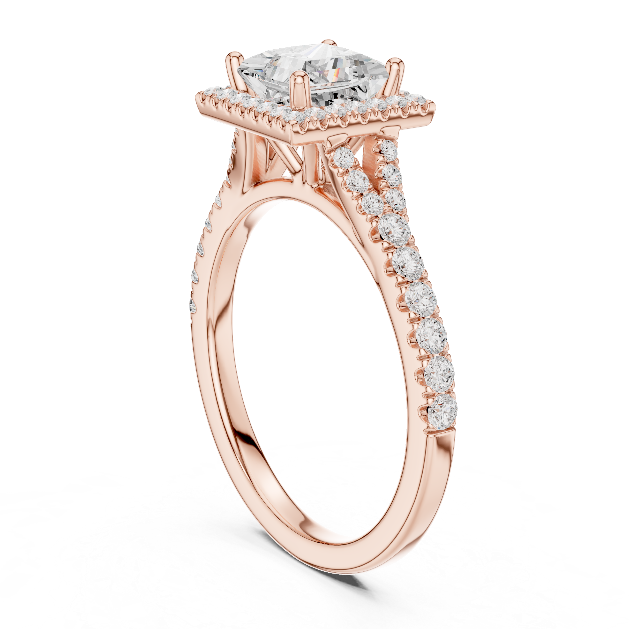 Elegant Princess Cut Halo Diamond Ring with Pavé Band in White Gold