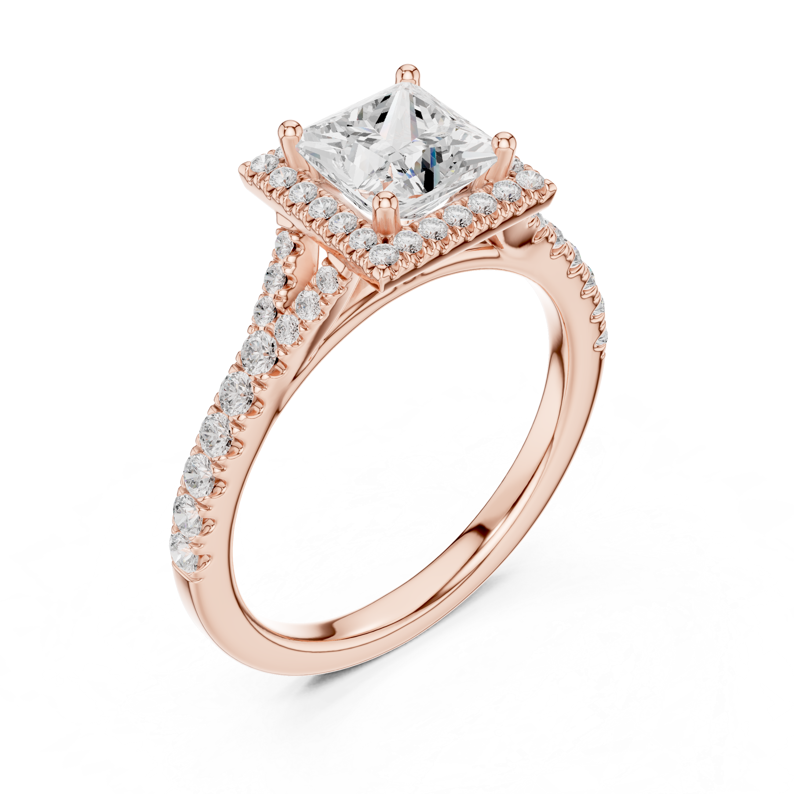 Elegant Princess Cut Halo Diamond Ring with Pavé Band in White Gold