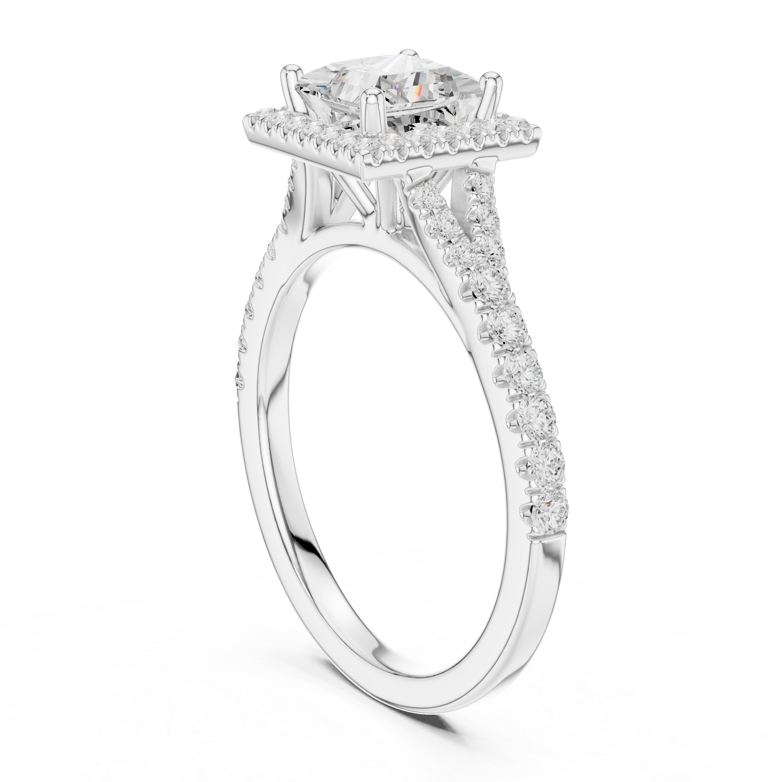 Elegant Princess Cut Halo Diamond Ring with Pavé Band in White Gold