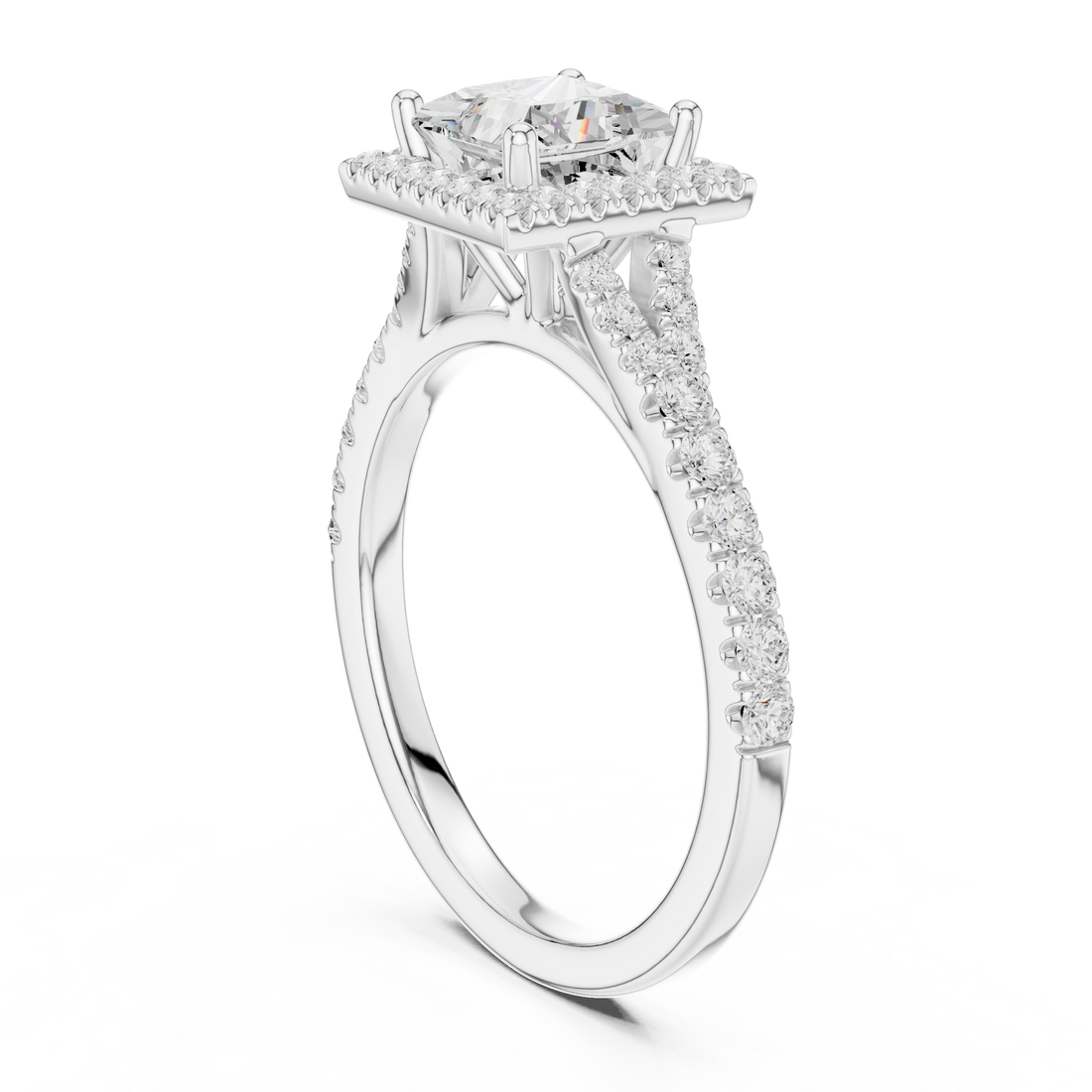 Elegant Princess Cut Halo Diamond Ring with Pavé Band in White Gold