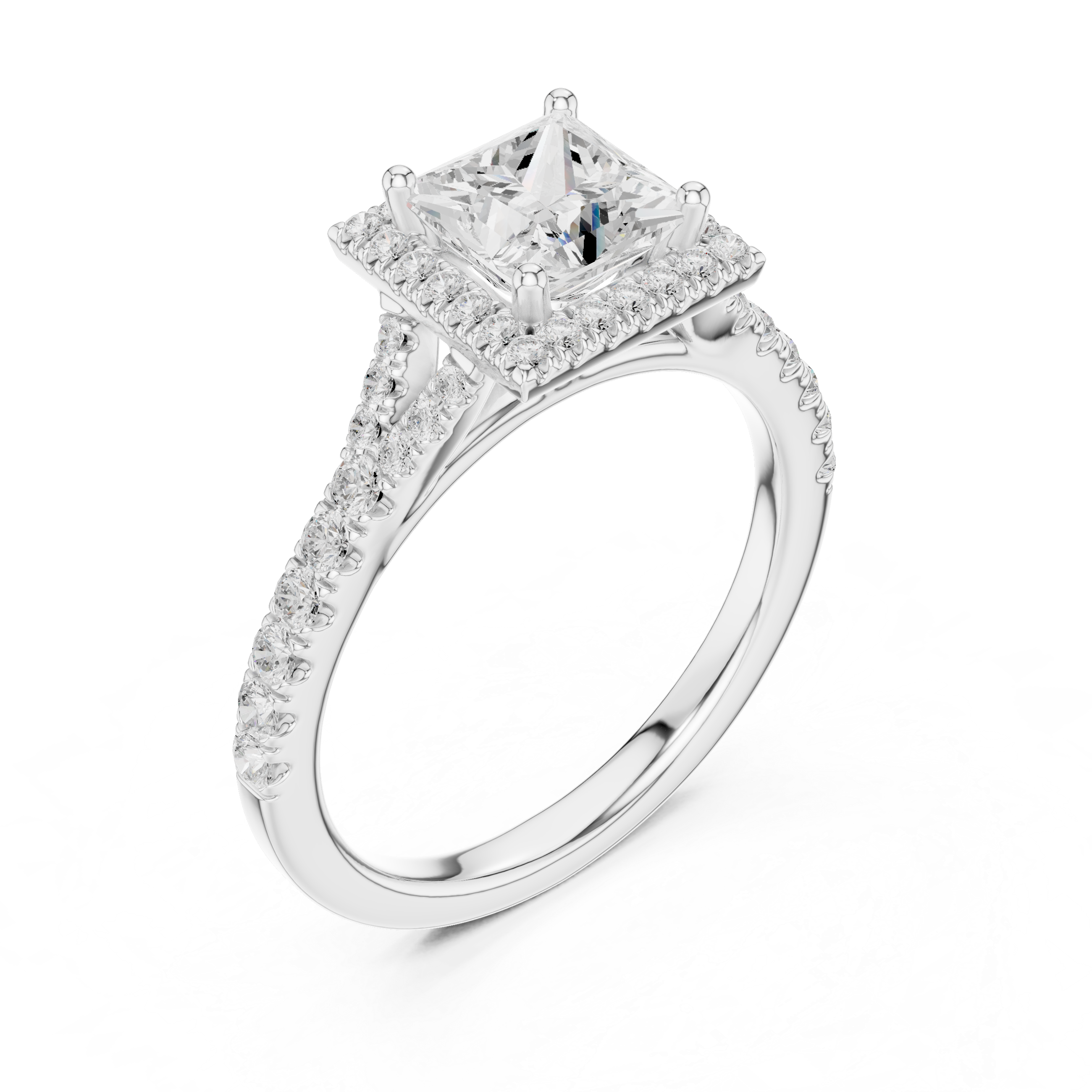 Elegant Princess Cut Halo Diamond Ring with Pavé Band in White Gold