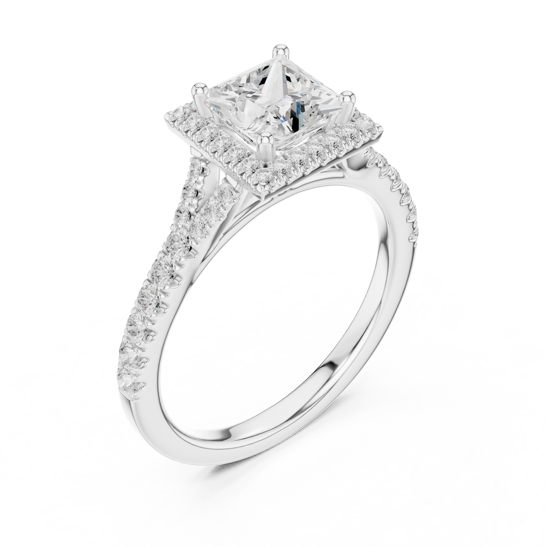 Elegant Princess Cut Halo Diamond Ring with Pavé Band in White Gold