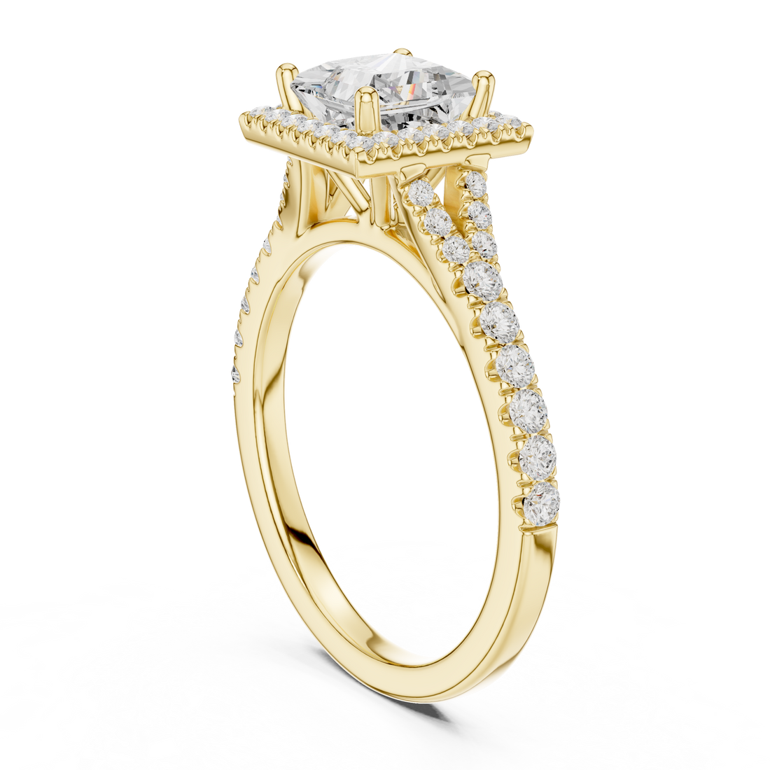 Elegant Princess Cut Halo Diamond Ring with Pavé Band in White Gold