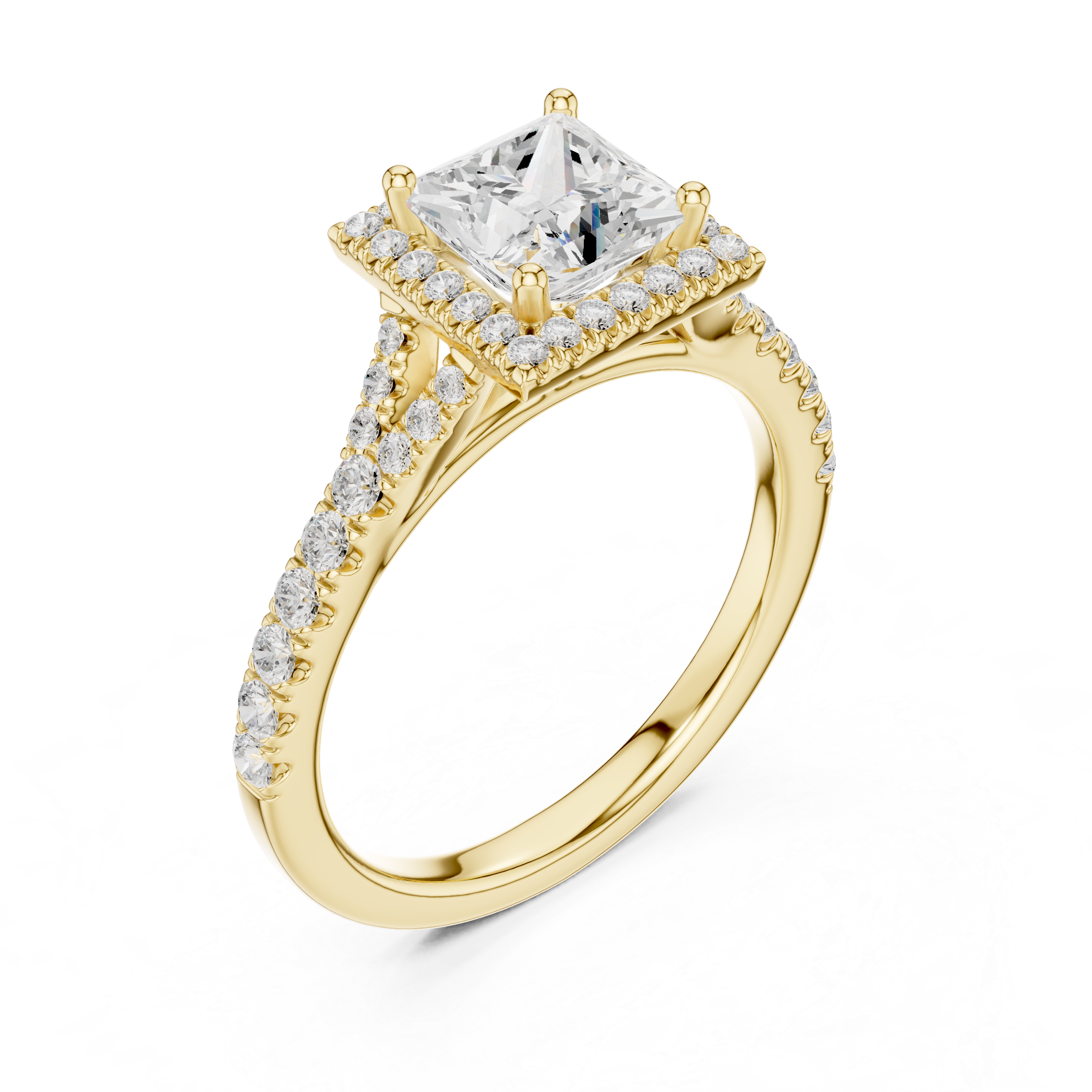 Elegant Princess Cut Halo Diamond Ring with Pavé Band in White Gold