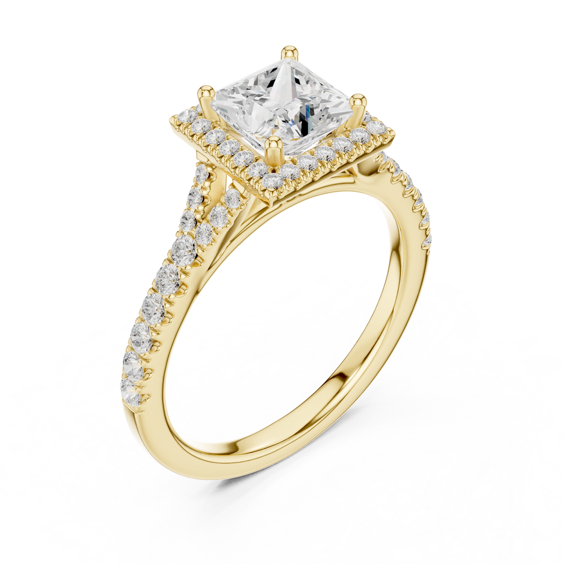 Elegant Princess Cut Halo Diamond Ring with Pavé Band in White Gold
