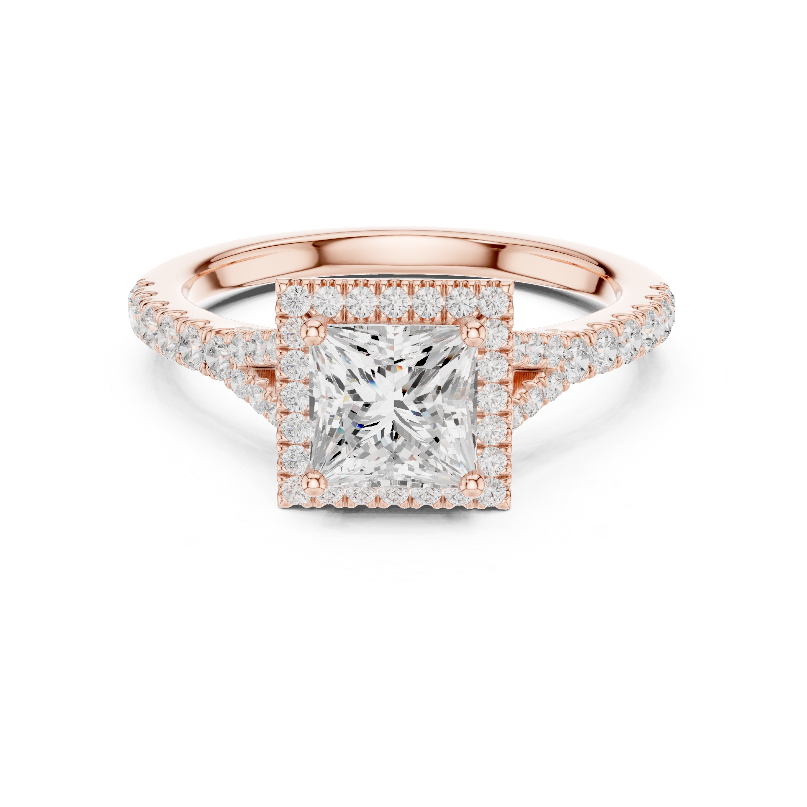 Elegant Princess Cut Halo Diamond Ring with Pavé Band in White Gold