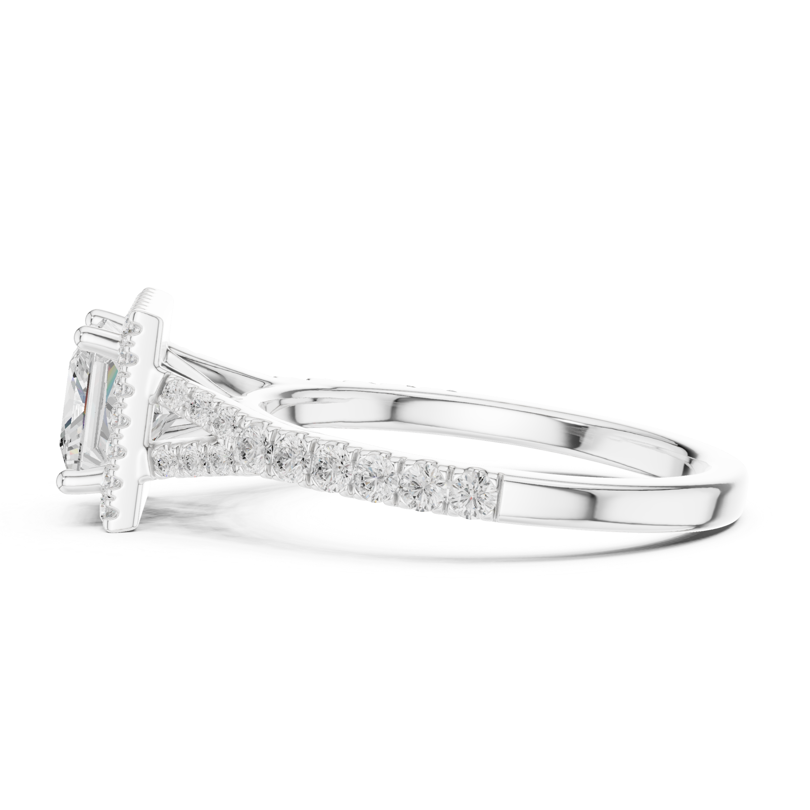 Elegant Princess Cut Halo Diamond Ring with Pavé Band in White Gold
