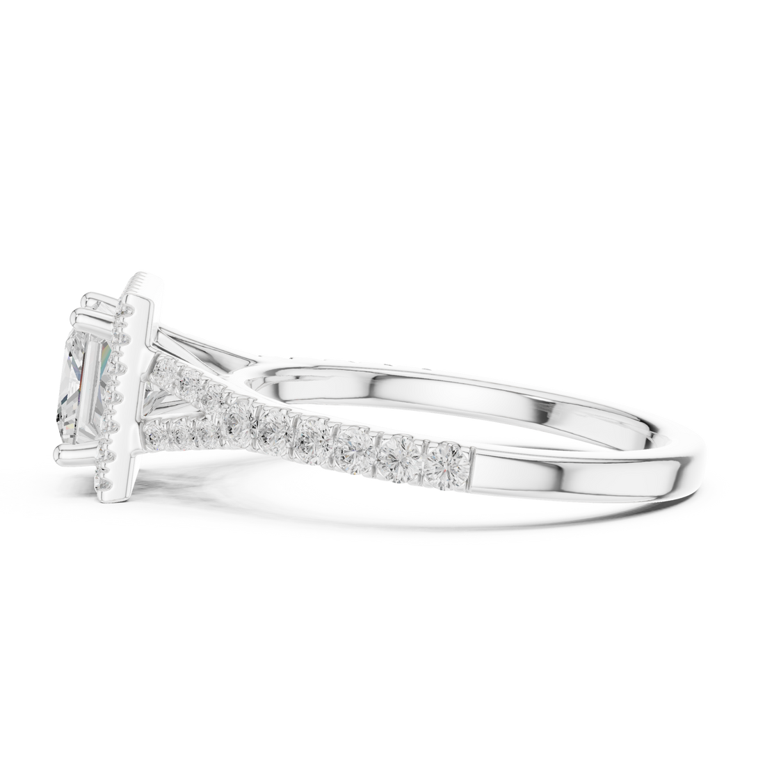 Elegant Princess Cut Halo Diamond Ring with Pavé Band in White Gold