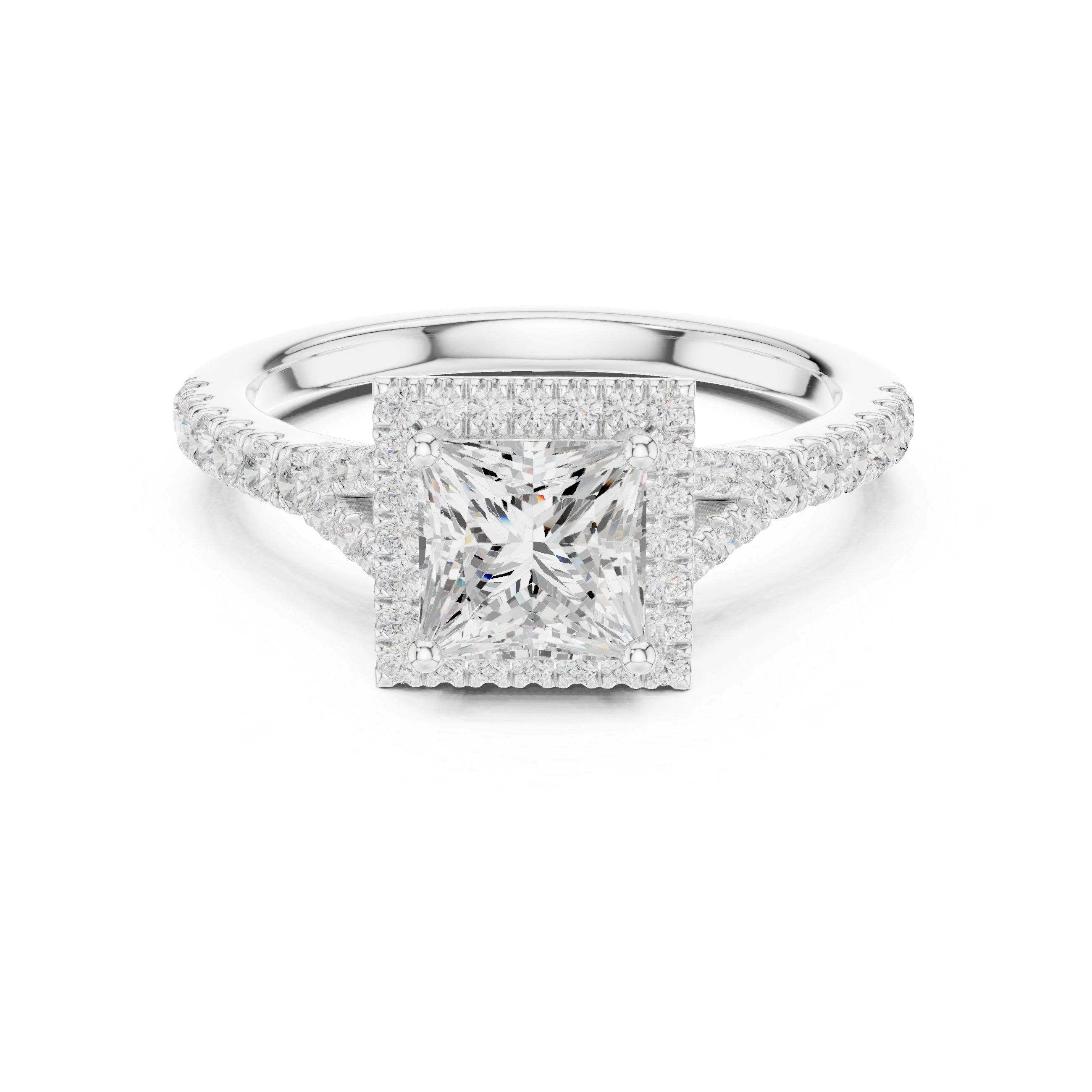 Elegant Princess Cut Halo Diamond Ring with Pavé Band in White Gold