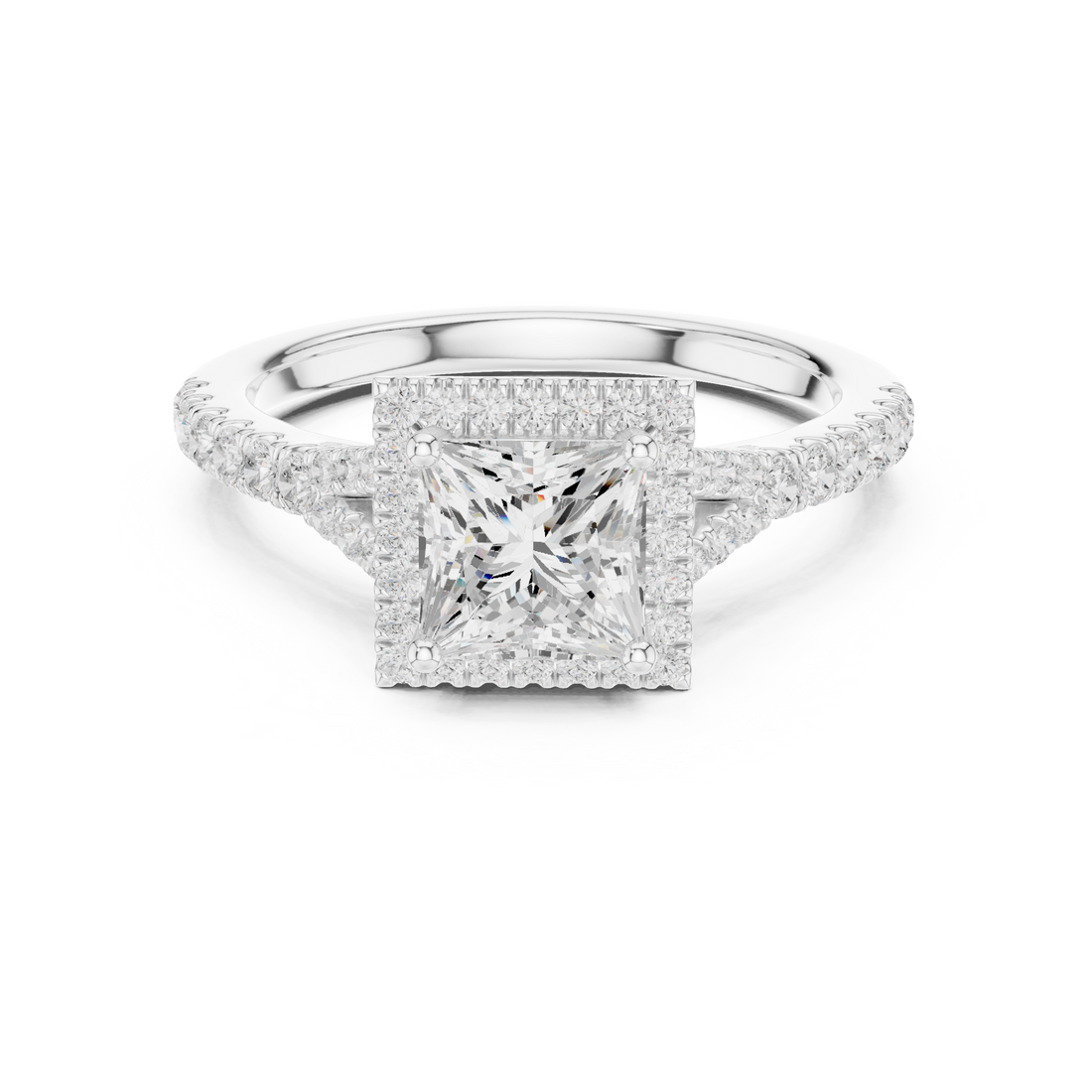 Elegant Princess Cut Halo Diamond Ring with Pavé Band in White Gold