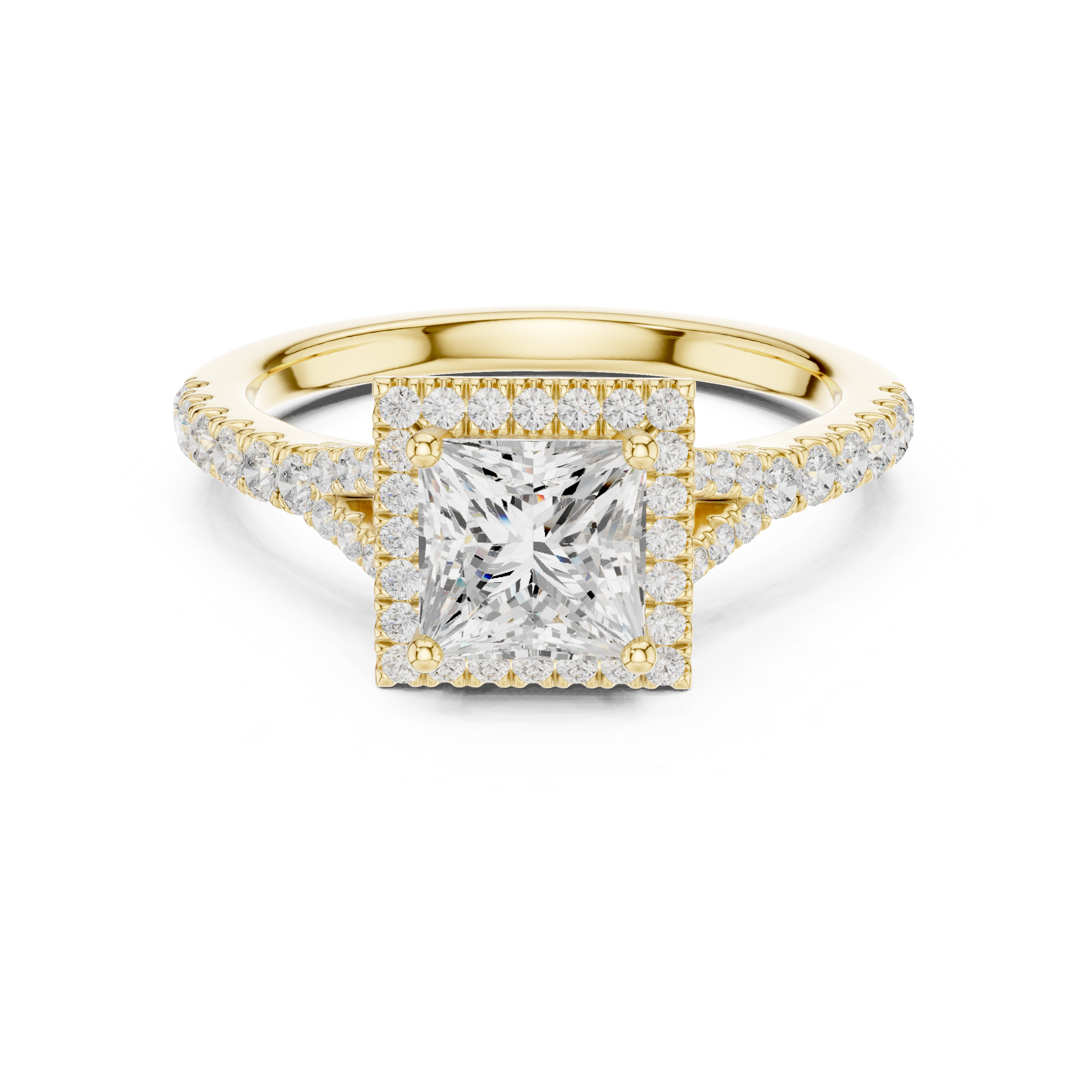 Elegant Princess Cut Halo Diamond Ring with Pavé Band in White Gold