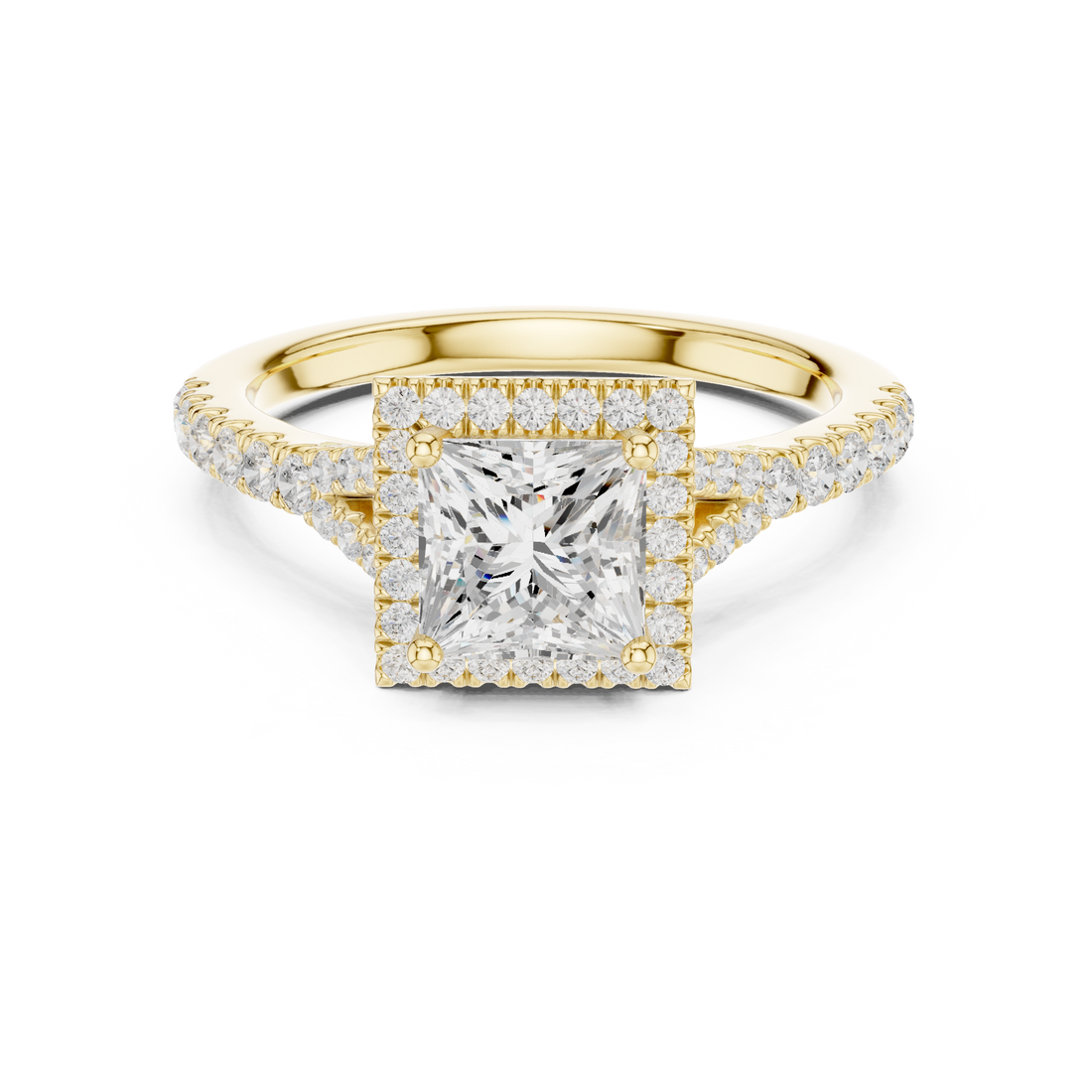 Elegant Princess Cut Halo Diamond Ring with Pavé Band in White Gold