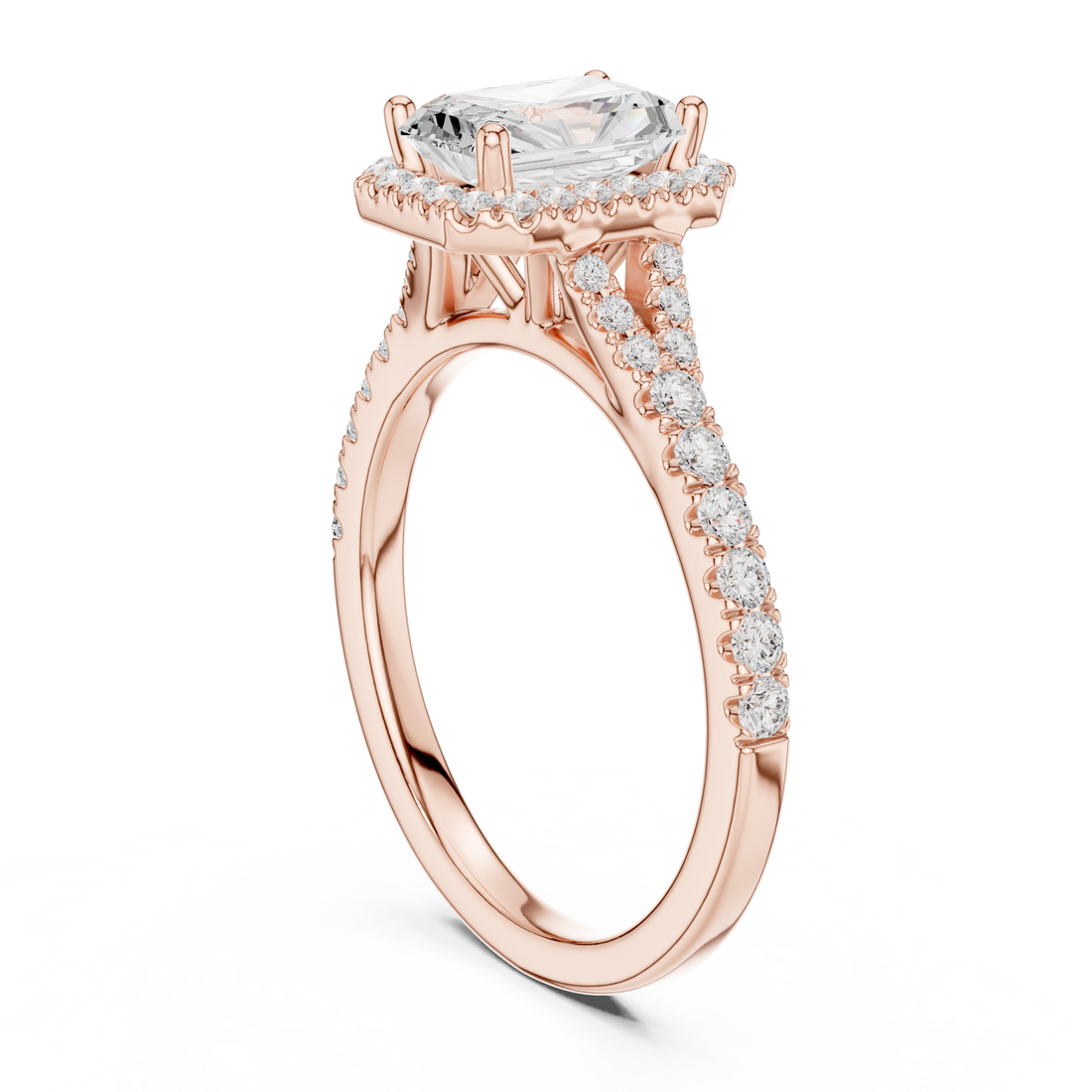 Minimal Halo Radiant Cut Diamond Ring with Split Shank Accent Band