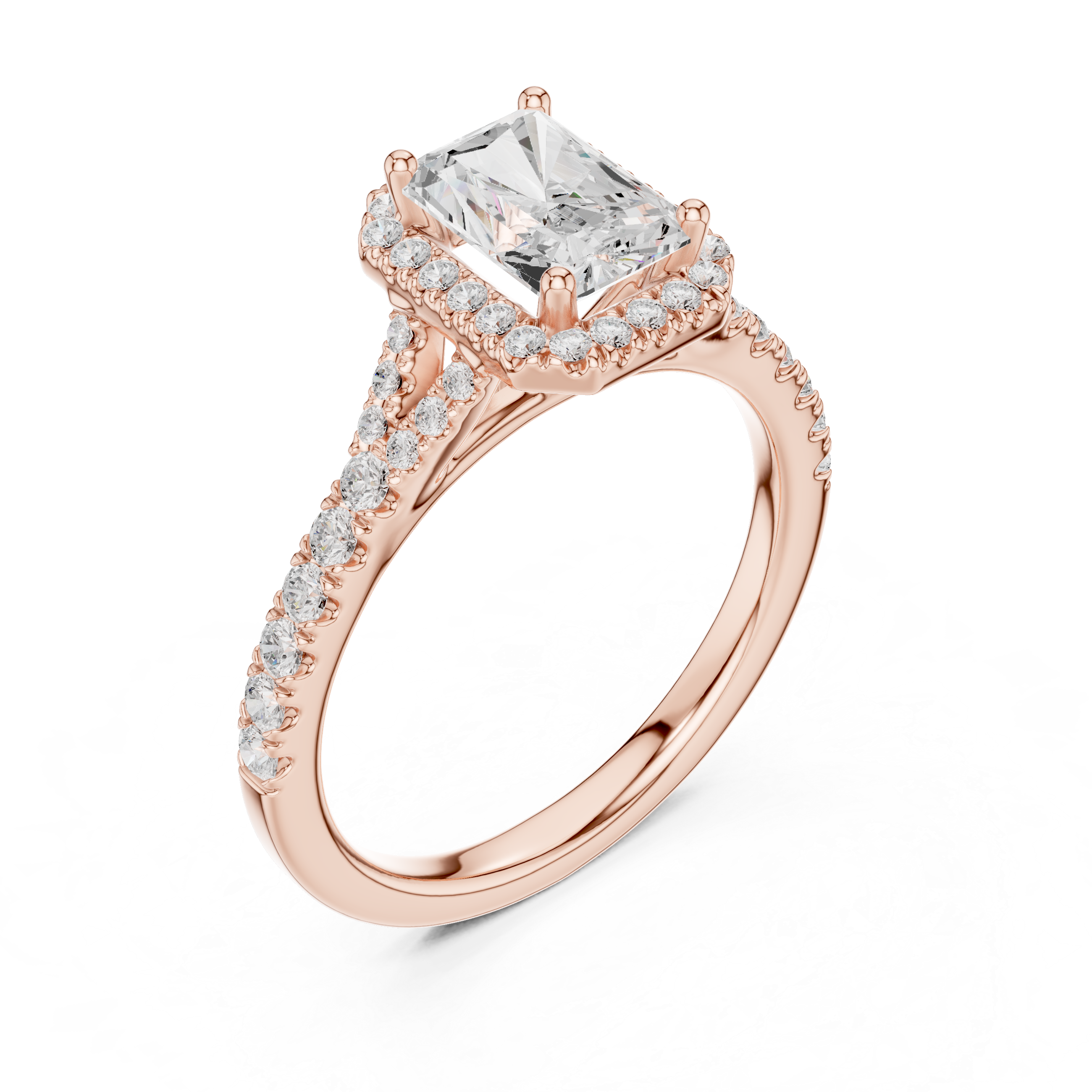 Minimal Halo Radiant Cut Diamond Ring with Split Shank Accent Band
